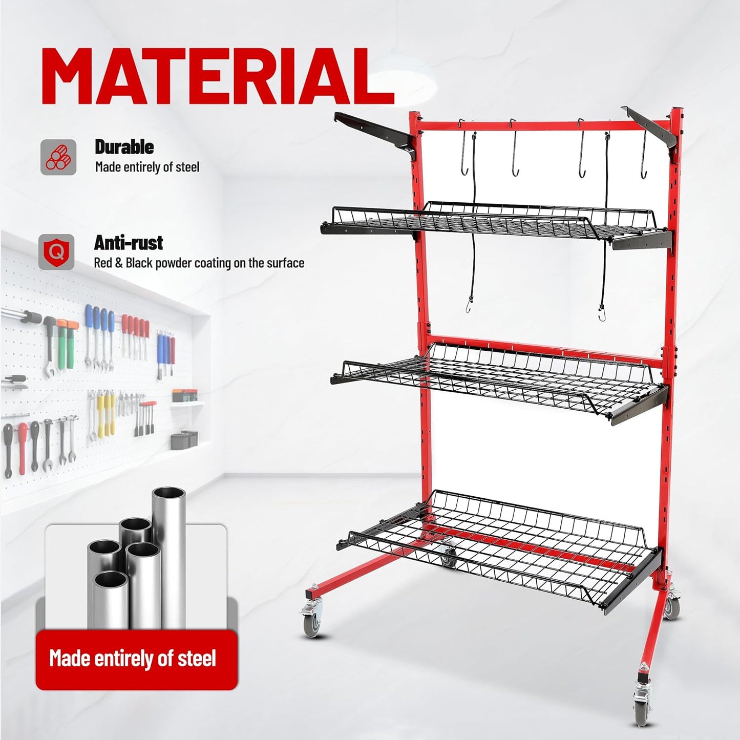 Auto Body Parts Storage Rack 3 Shelf Cart Storage Rack Stand with Locking Casters for Repair Shops Garages Heavy Duty Steel Powder Coated