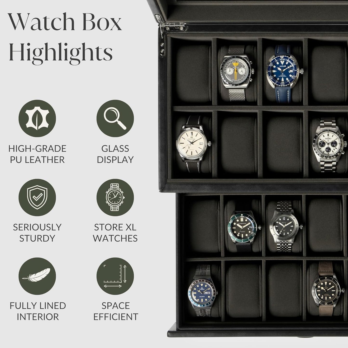 TAWBURY Watch Box for Men - Extra Large 24 Slot Watch Case with Real Glass Display, Removable Drawer and 2-inch Wide Pillows for Large Watches (Black/Charcoal)