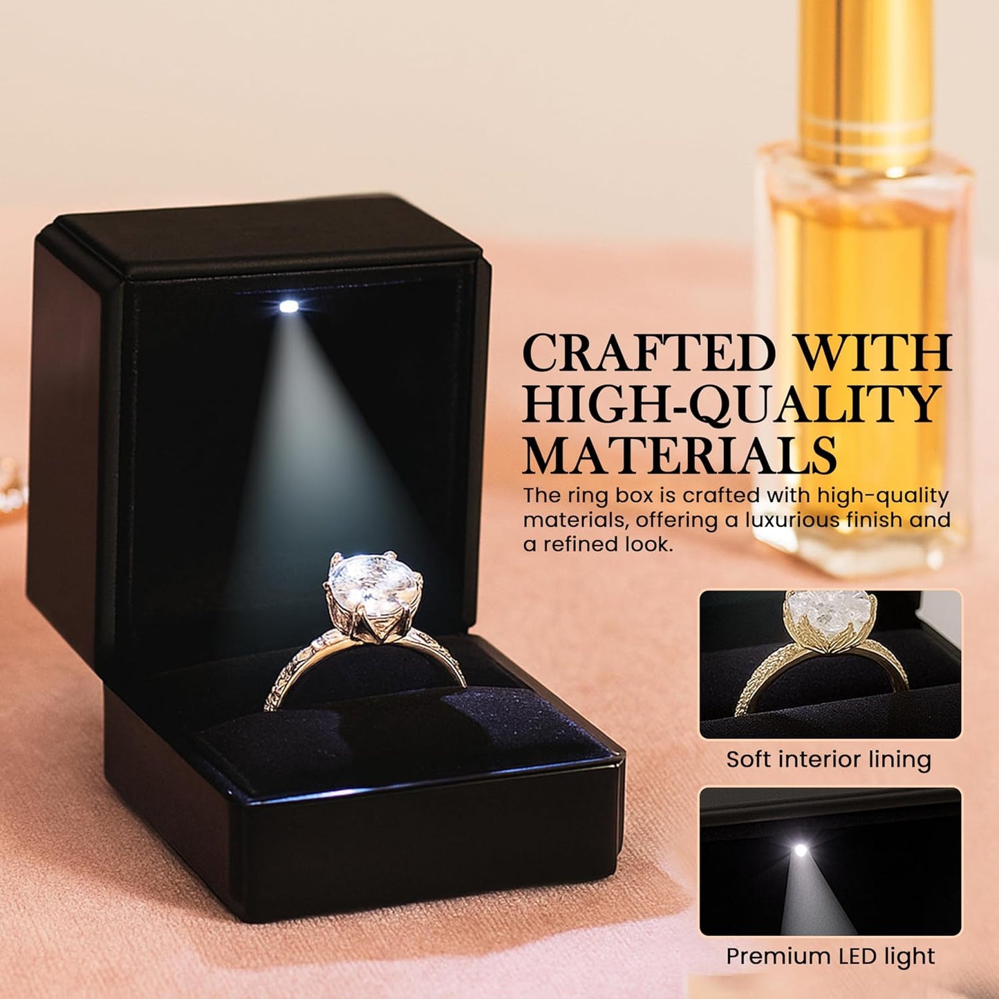 Novel Box Square Shaped Black Ring Box With LED Light 2.25X2X2.5 Inches - Jewelry Ring Case Best for Jewelry Displays - Gift Boxes for Mother's Day, Engagement, Anniversary & more Happy Occasions