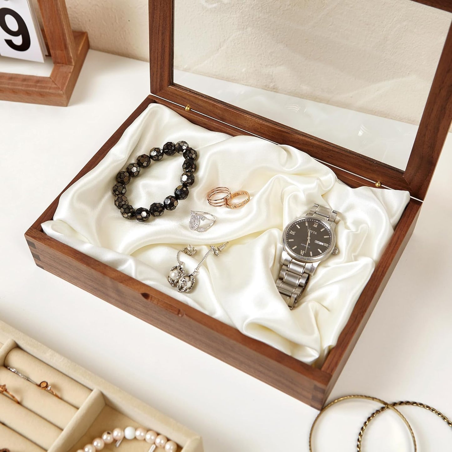 YESWOOD Jewelry Box Organizer, North America Black Walnut Wood Jewelry Boxes for Women for Storage & Display of Necklaces, Rings, Earrings, and Bracelets