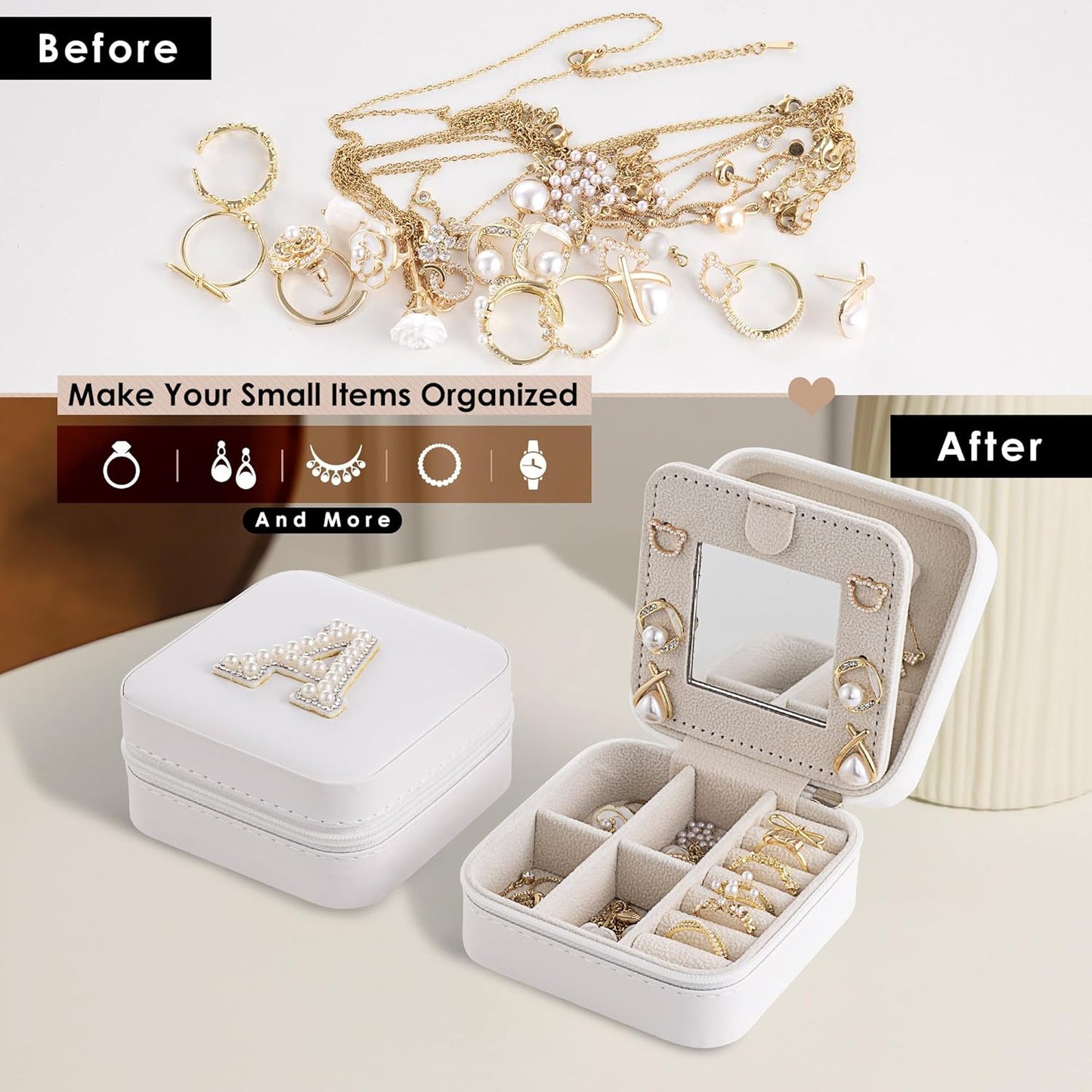 Birthday Gifts for Women: Initial Jewelry Box & Small Travel Jewelry Organizer for Wife, Girlfriend, Bridesmaid or Graduation Gifts