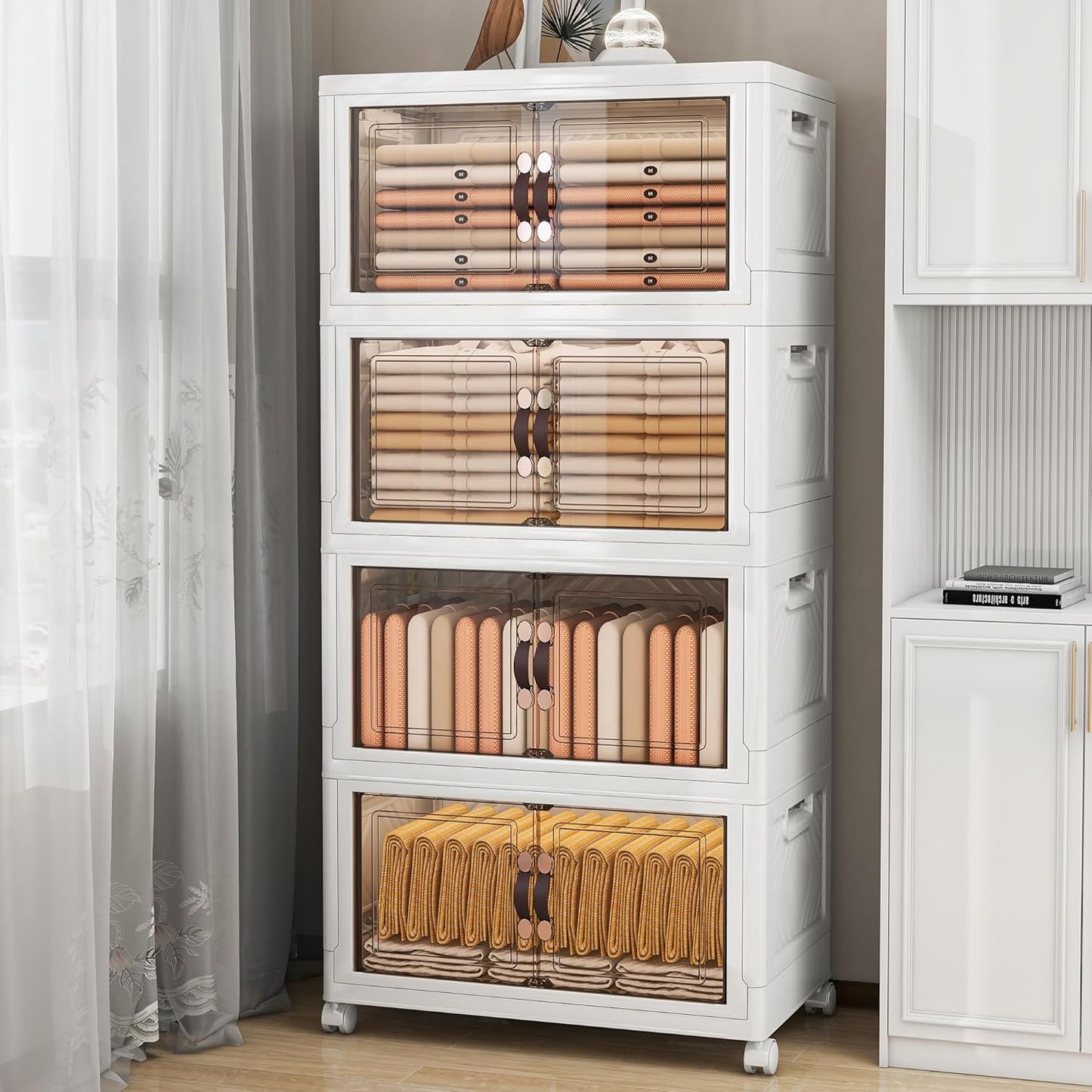 Storage Bins with Lids and Wheels, Collapsible Bathroom Storage Cabinet with Clear Doors, Plastic Stackable Closet Organizers and Storage Containers White 398 QT