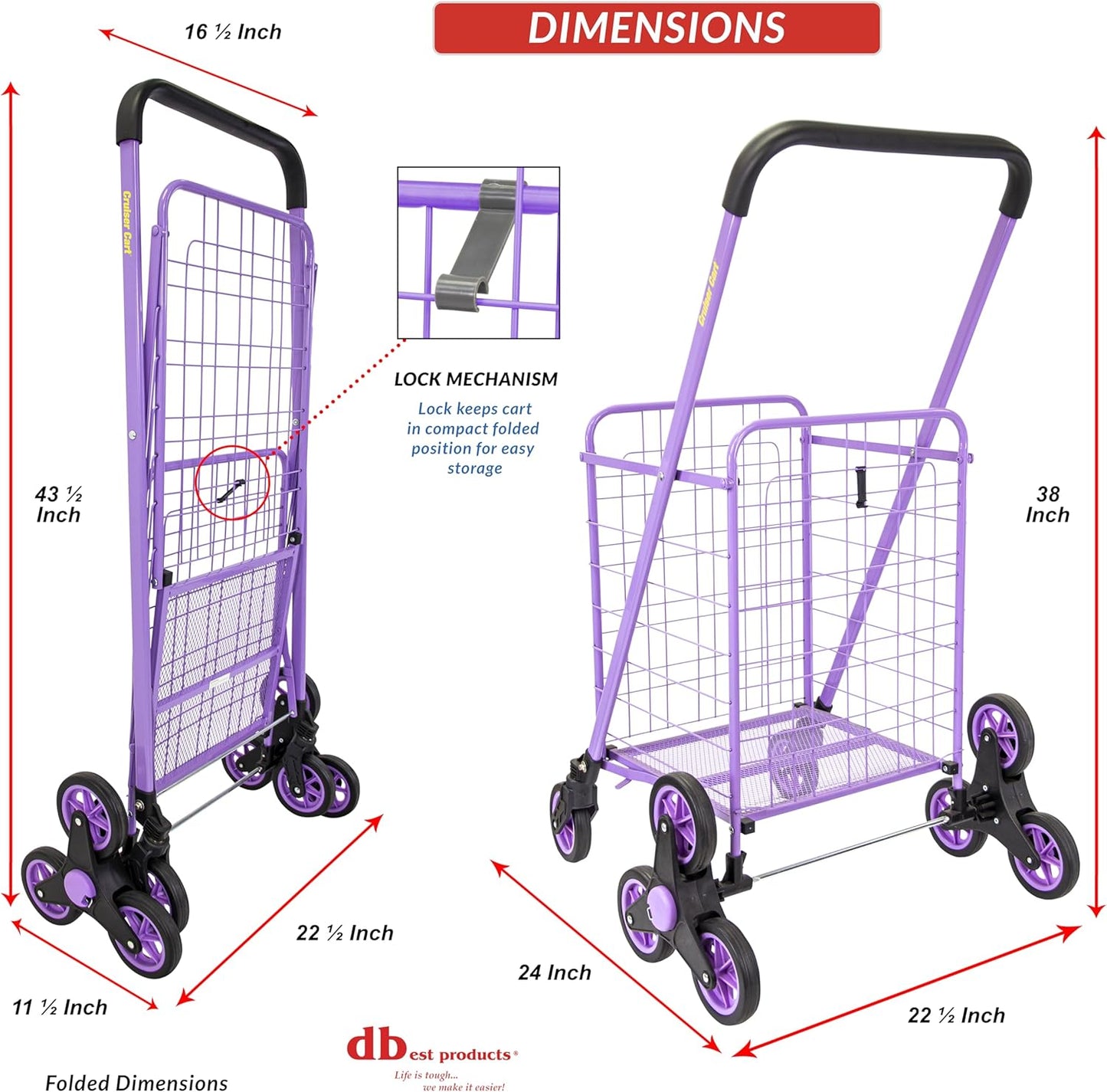 dbest Products Stair Climber Cruiser Cart Shopping Grocery Rolling Folding Laundry Basket on Wheels Foldable Utility Trolley Compact Lightweight Collapsible, Purple