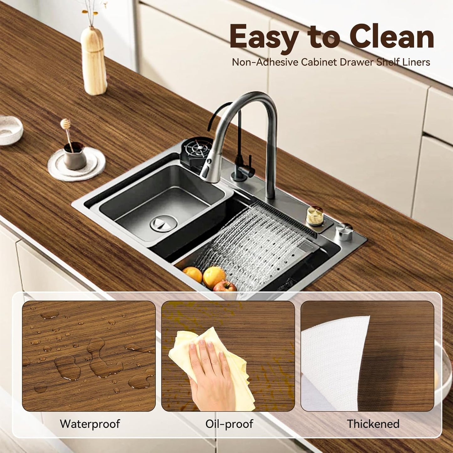 Drawer Shelf Liner for Kitchen Cabinets, Non Adhesive Slip Resistant Shelf Paper Easy to Clean, Strong Grip Thickened Waterproof Washable Mats for Pantry Shelves, Cupboard, Wood Grain, 24 in x 20 FT