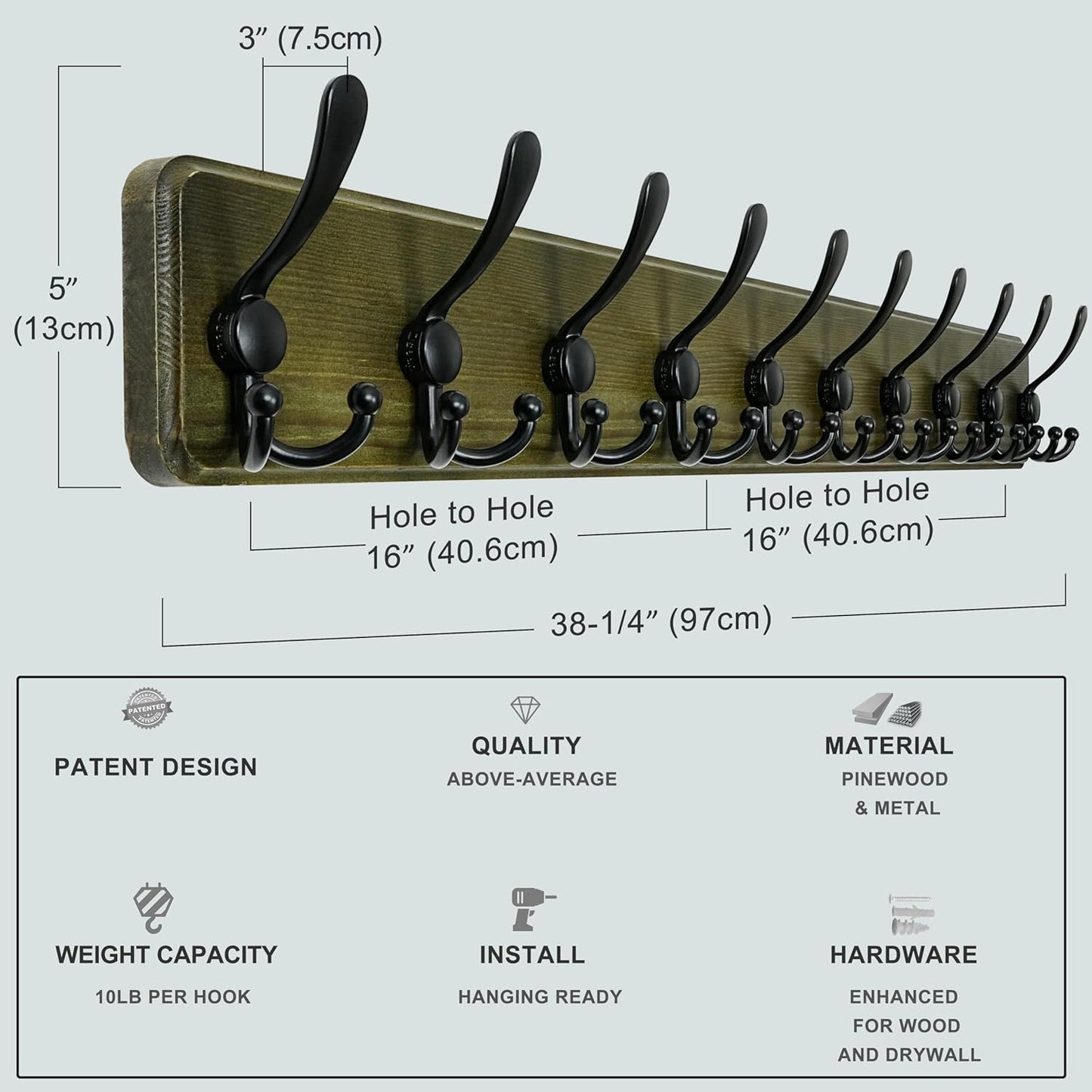 Dseap Coat Rack Wall - Heavy-Duty 38-1/4" Long, with Reinforced 10 Custom Tri-Hooks, Solid Wood Wall Hanger for Coats Hat Jackets - Rustic Farmhouse Entryway Hallway Storage, Weathered Green & Black