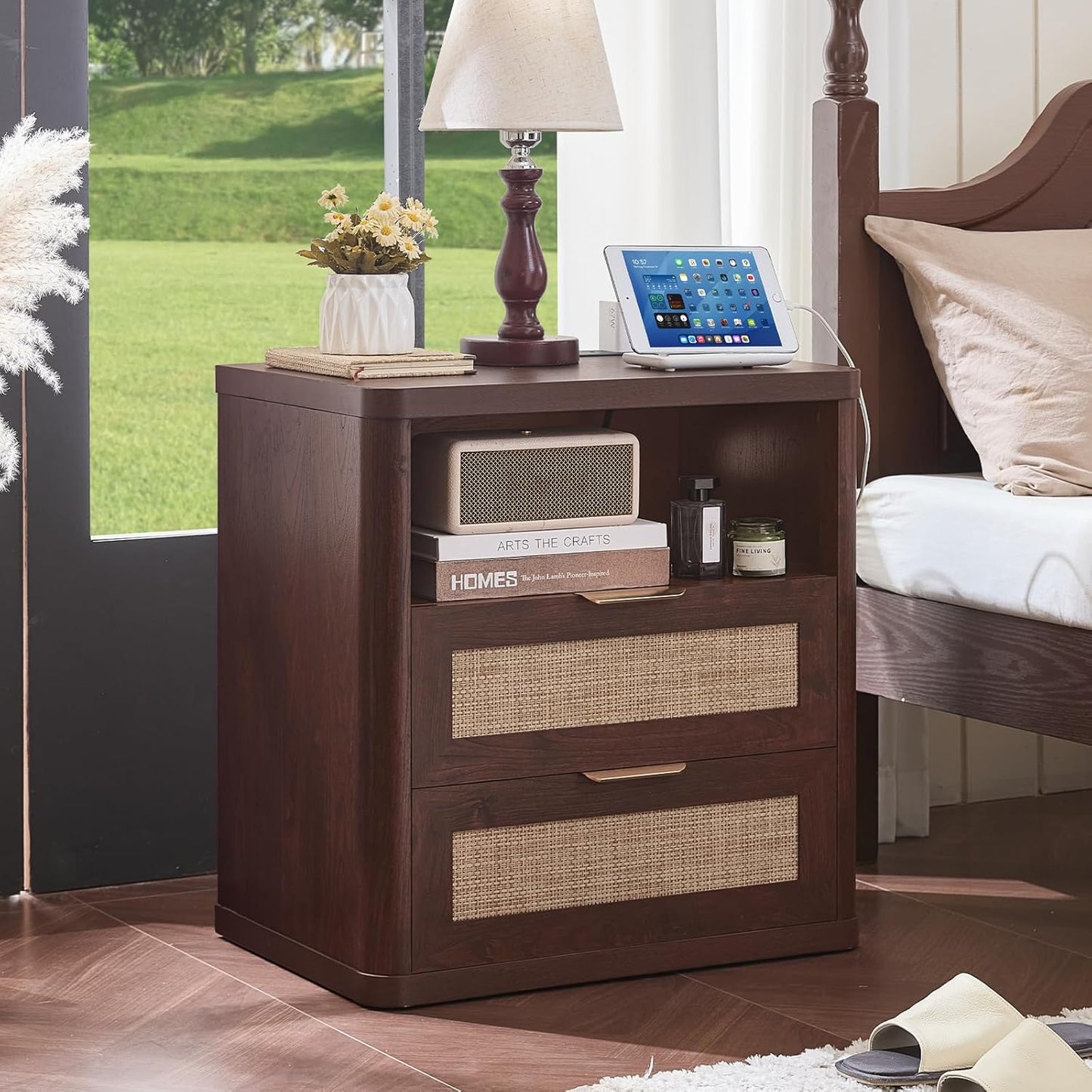 LEYAOYAO Rattan Nightstands with Charger Station, 23" Wide Boho Night Stand with 2 Drawers, Bedside Table Open Shlef, Bed Side End Table Dresser for Bedroom, Living Room Hallway, Walnut