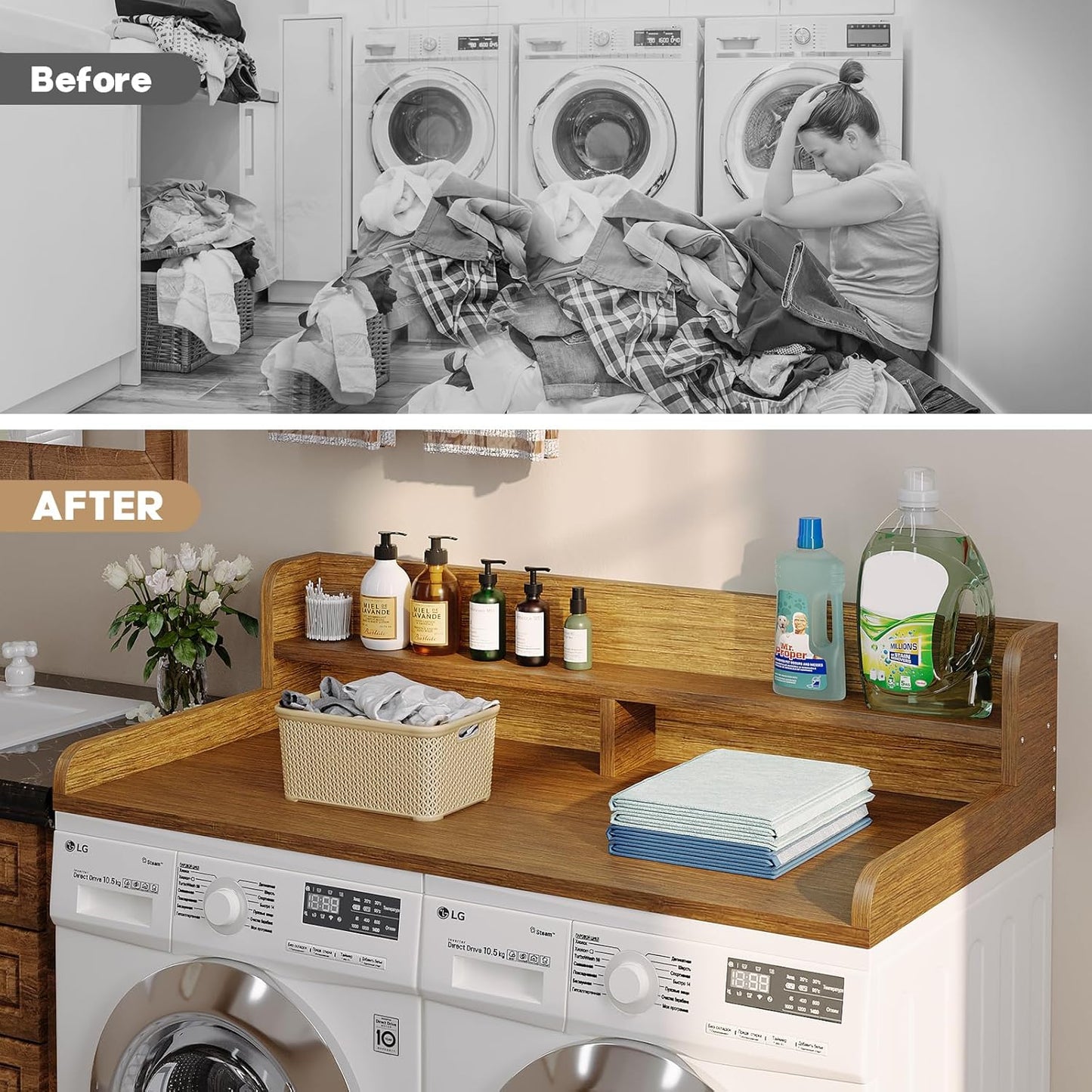 2-Tier Washer Dryer Countertop with 2.75"H Edge Rails, 54" W x 27.55" D Laundry Countertop for Folding Clothes, Washer and Dryer Topper with Non-Slip Pad (Brown)