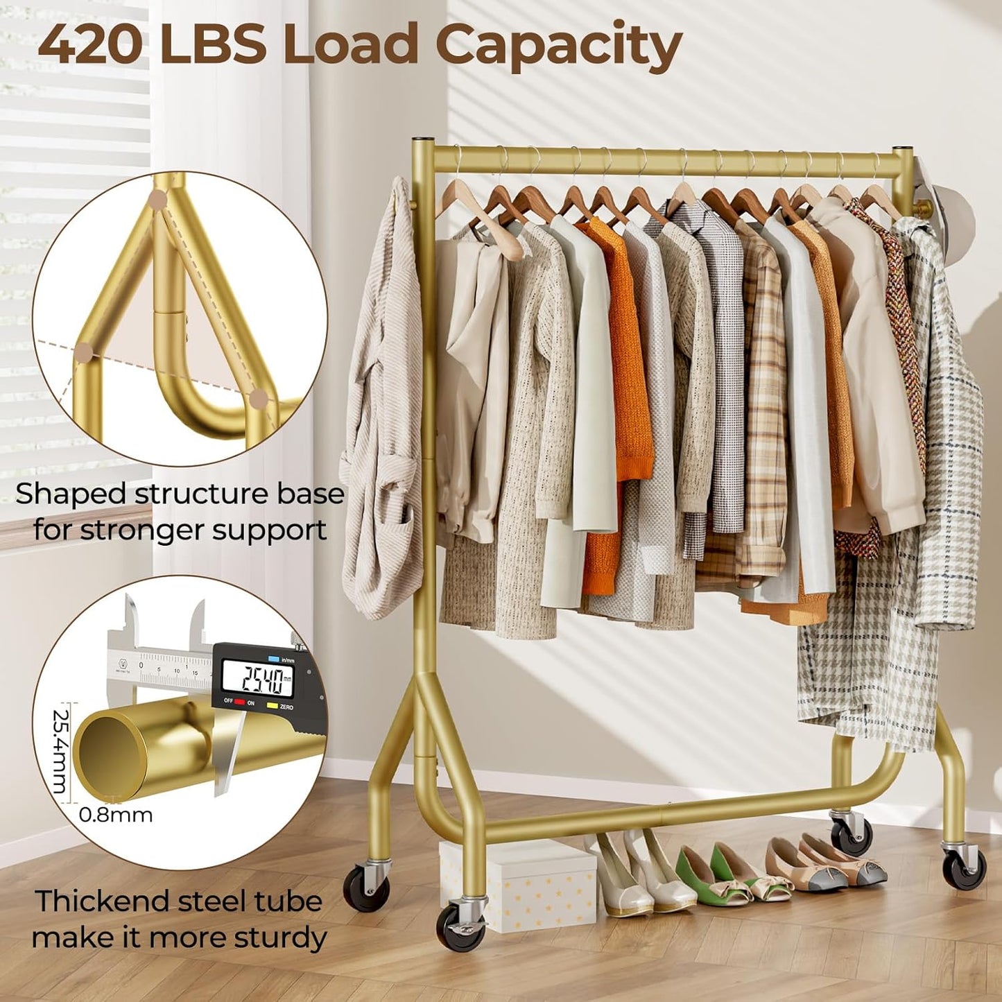 Clothes Clothing Rack, Rolling Heavy Duty Clothes Rack Load 420 LBS With Wheels, Metal Clothes Rack for Hanging Clothes, Portable Standing Clothes Garment Rack,Gold,48 inches