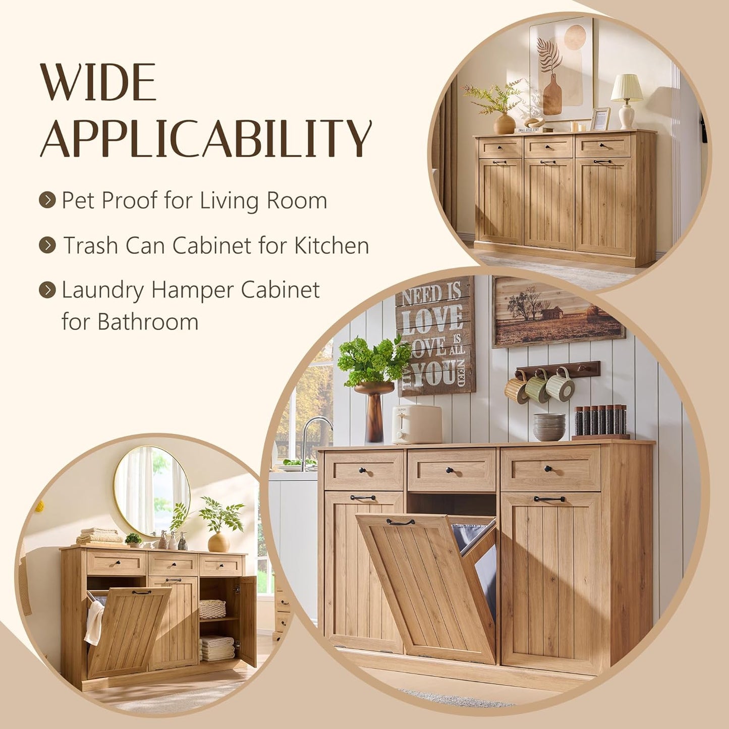 Triple Tilt Out Trash Can Cabinet, 20 Gallon Farmhouse Laundry Hamper Cabinet w/3 Drawers & Adjustable Shelf, Hidden Wooden Trash Can Cabinets with Storage Basket for Kitchen (Natural)