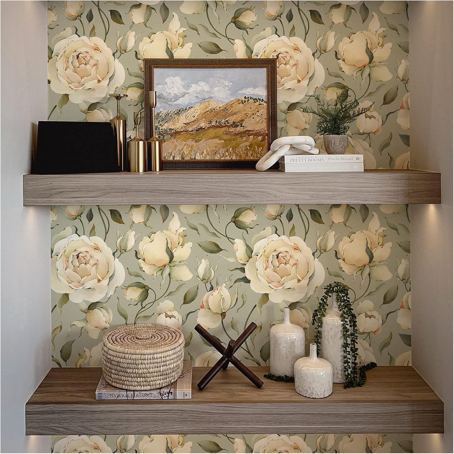 HAOKHOME Shelf Liner and Cabinet Liner Floral Peony, Self-Adhesive Drawer Liners, Peel and Stick Contact Paper for Kitchen Cupboard, Non Slip Bathroom Drawers, Green Cream 17.7in x 6.5ft