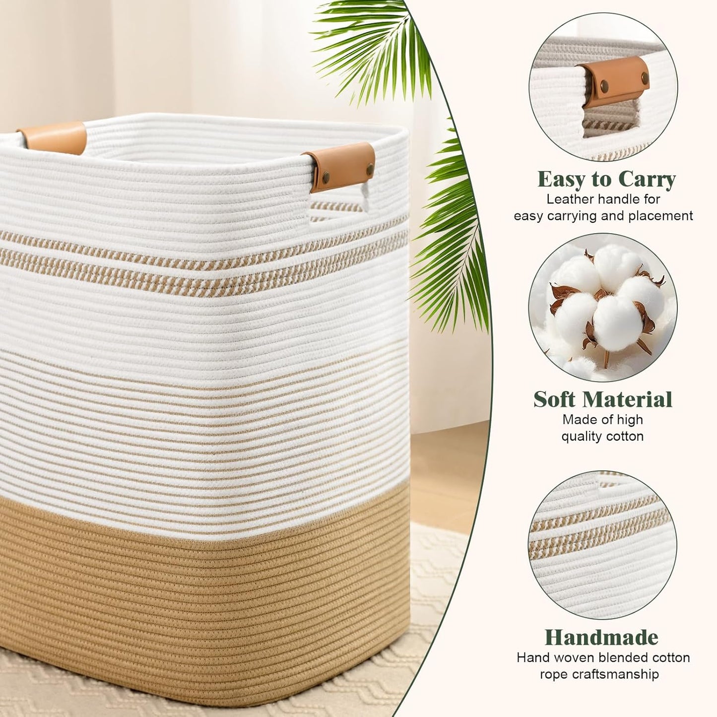 Laundry Hamper, 85L Tall Laundry Basket with Leather Handles, Rectangle Large Clothes Hamper for Organizing, Cotton Woven Laundry Baskets Storage Hampers for Bedroom, Nursery, Living Room