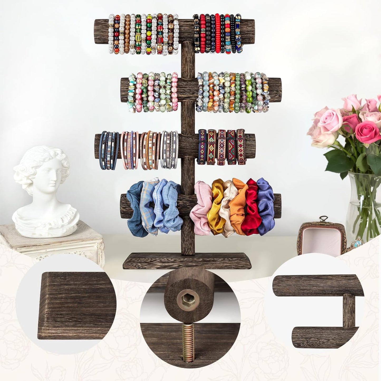 LadyRosian 4 Tier Wooden Display Jewelry Accessory Stand Jewelry Bracelet Holder Bangle Watch Necklace Storage Jewelry Holder Stand Display Organizer (Brown-4 layers)