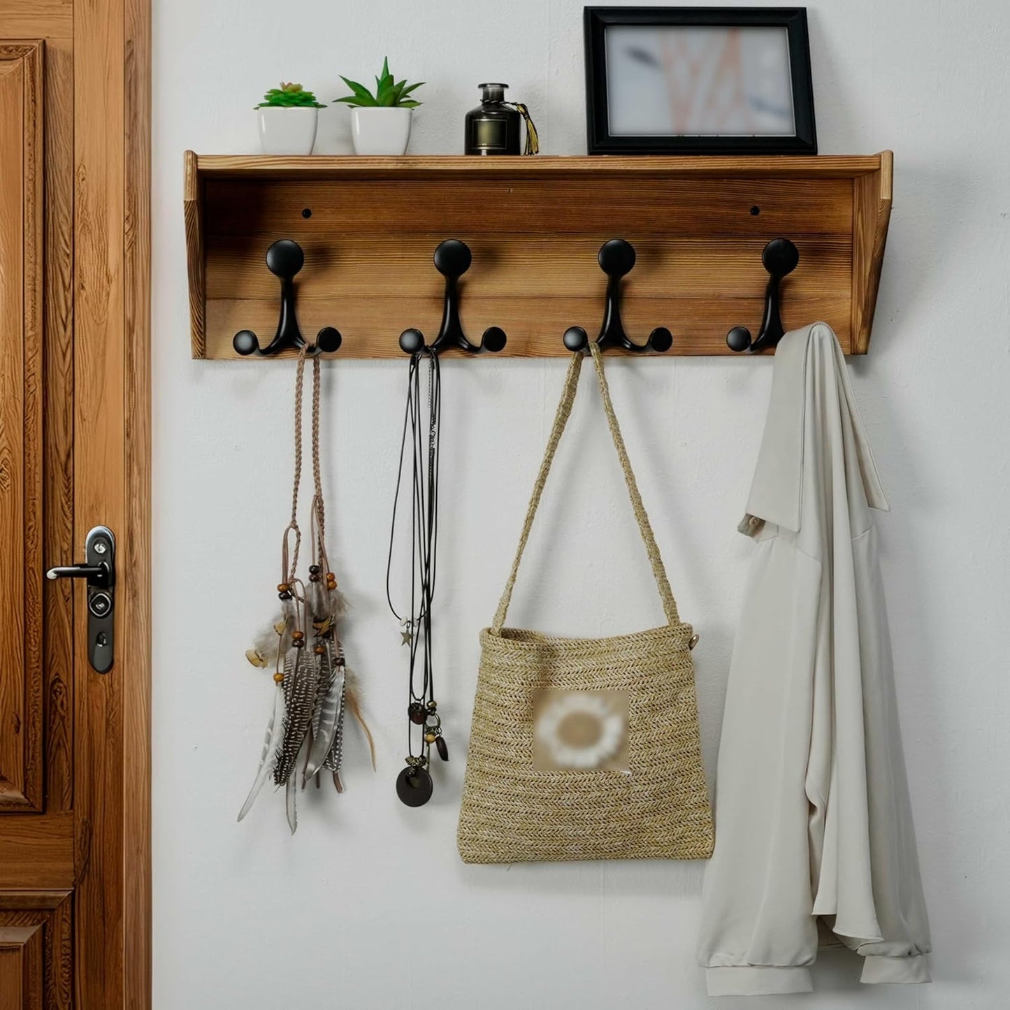 WEBI Wall Shelf with Hooks Underneath,24” Long Wall Mounted Coat Rack with Shelf,Entryway Coat Rack with 4 Triple Hooks for Hanging Coats,Jacket,Hallway,Bedroom,Mudroom,Brown