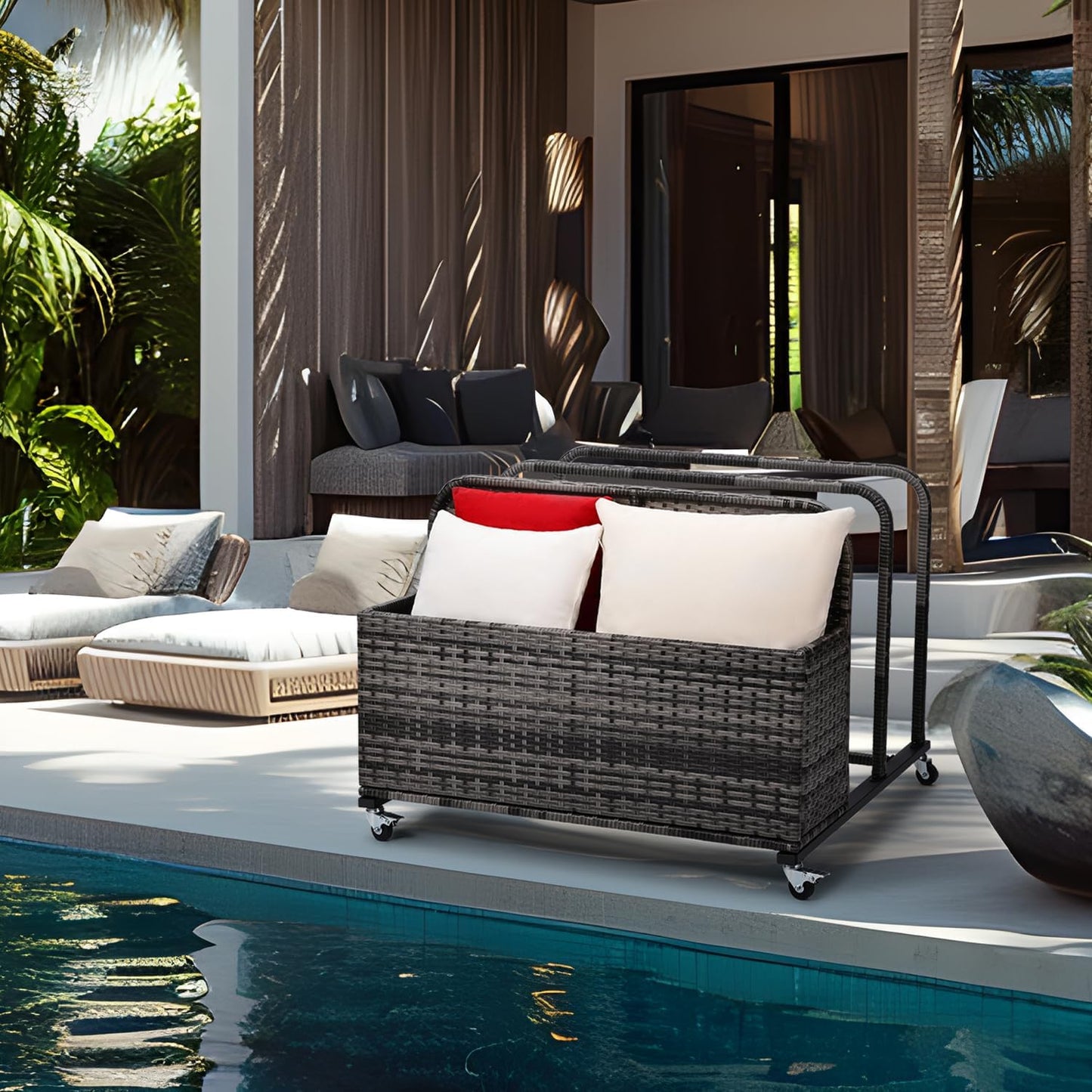 Poolside Float Storage Organizer,Pool Toy Storage Holder with Wicker Basket Outdoor Pool Float Holder Rack Rolling Poolside Caddy Cart Raft Rack for Pool Noodle Equipment Mixed Grey