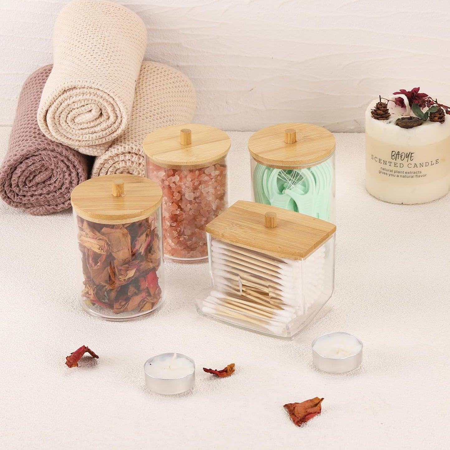 Tbestmax 4 Pack Qtip Holder Bathroom Container, 10/7oz Cotton Ball/Swabs Dispenser, Apothecary Jar with Bamboo Lids for Organizer and Storage (Beige)