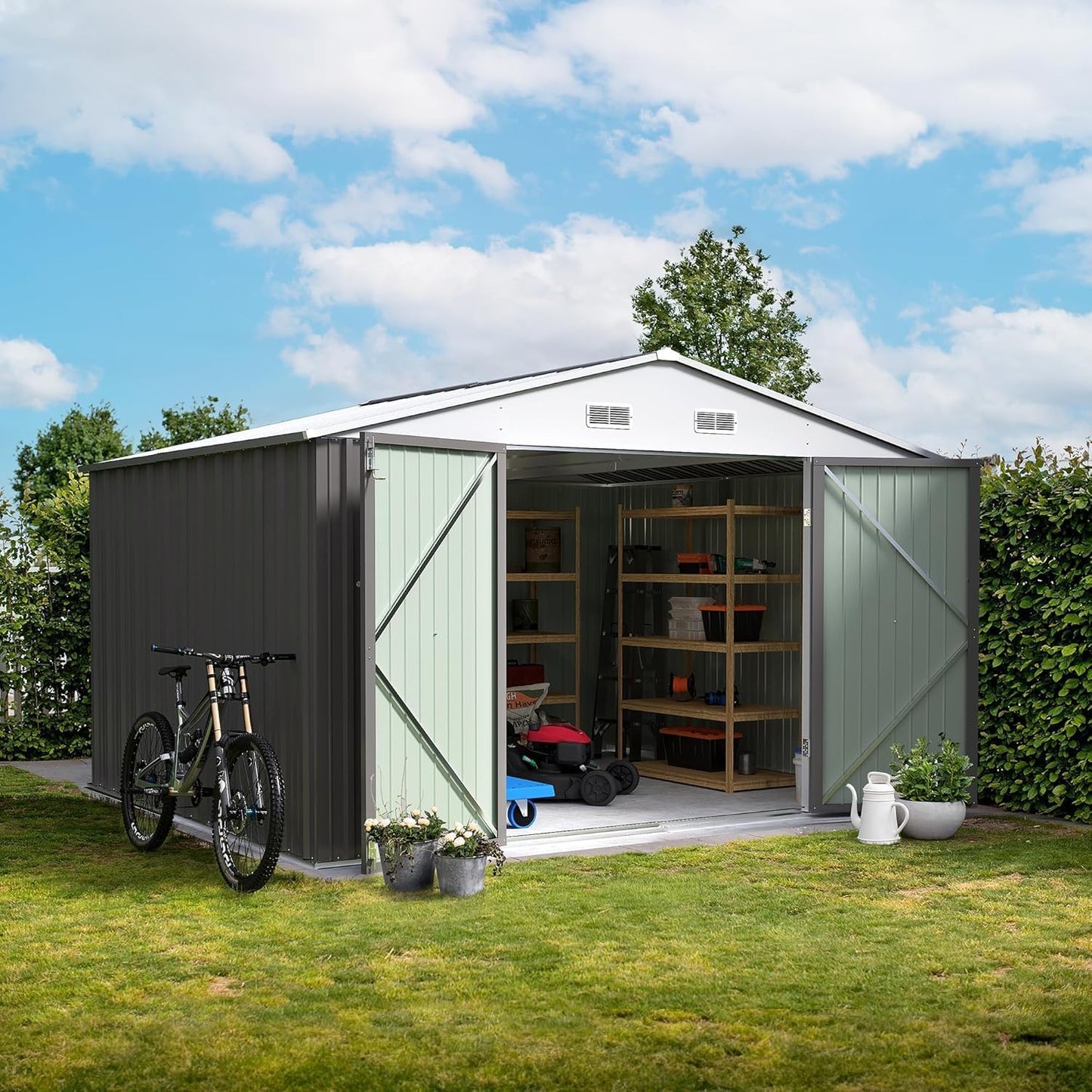 Furniwell 10x8 FT Outdoor Storage Shed, Metal Garden Sheds Outdoor Storage House with Single Lockable Door for Backyard Patio Lawn, Gray