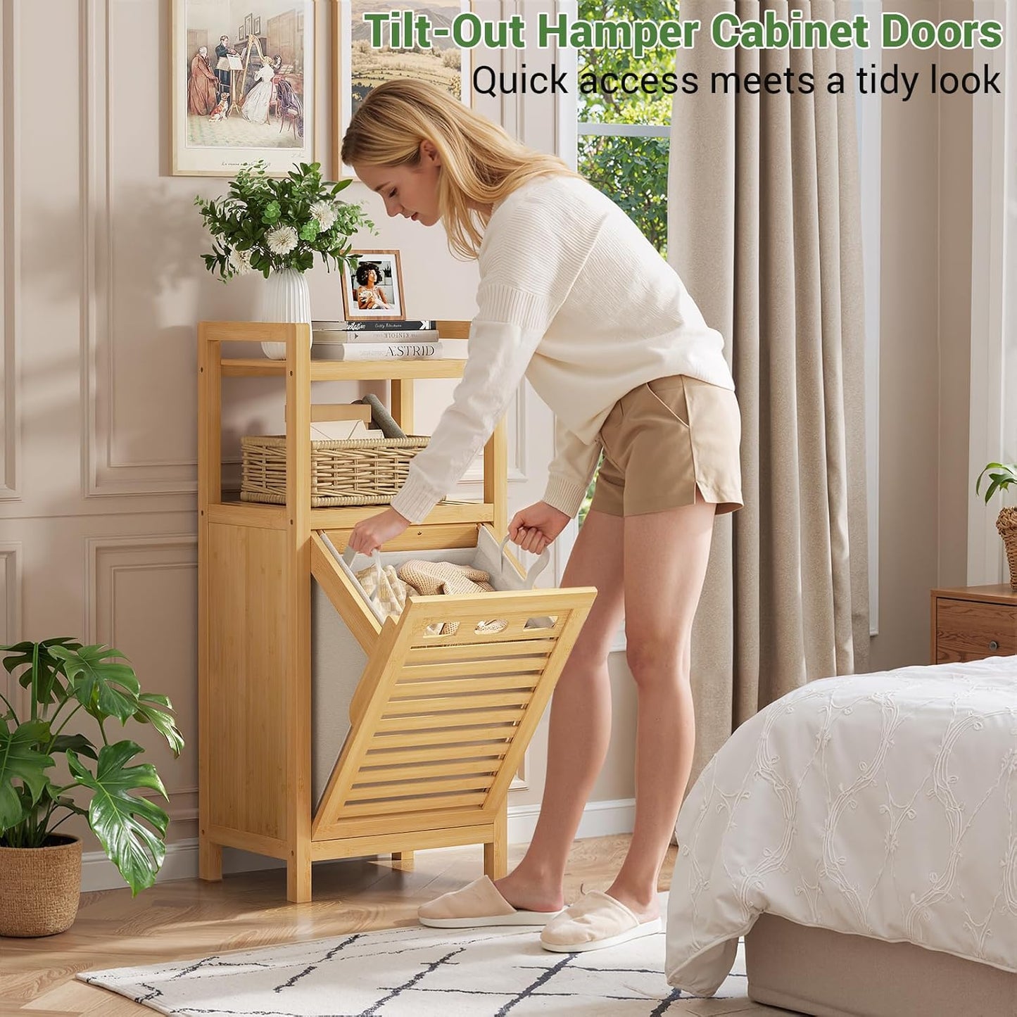 Homykic Tilt Out Laundry Hamper, 10 Gal Bamboo Laundry Storage Cabinet with Removable Basket, Hidden Hamper Organizer with Shelf for Dirty Clothes, Bathroom, Laundry Room, Space Saving, Natural
