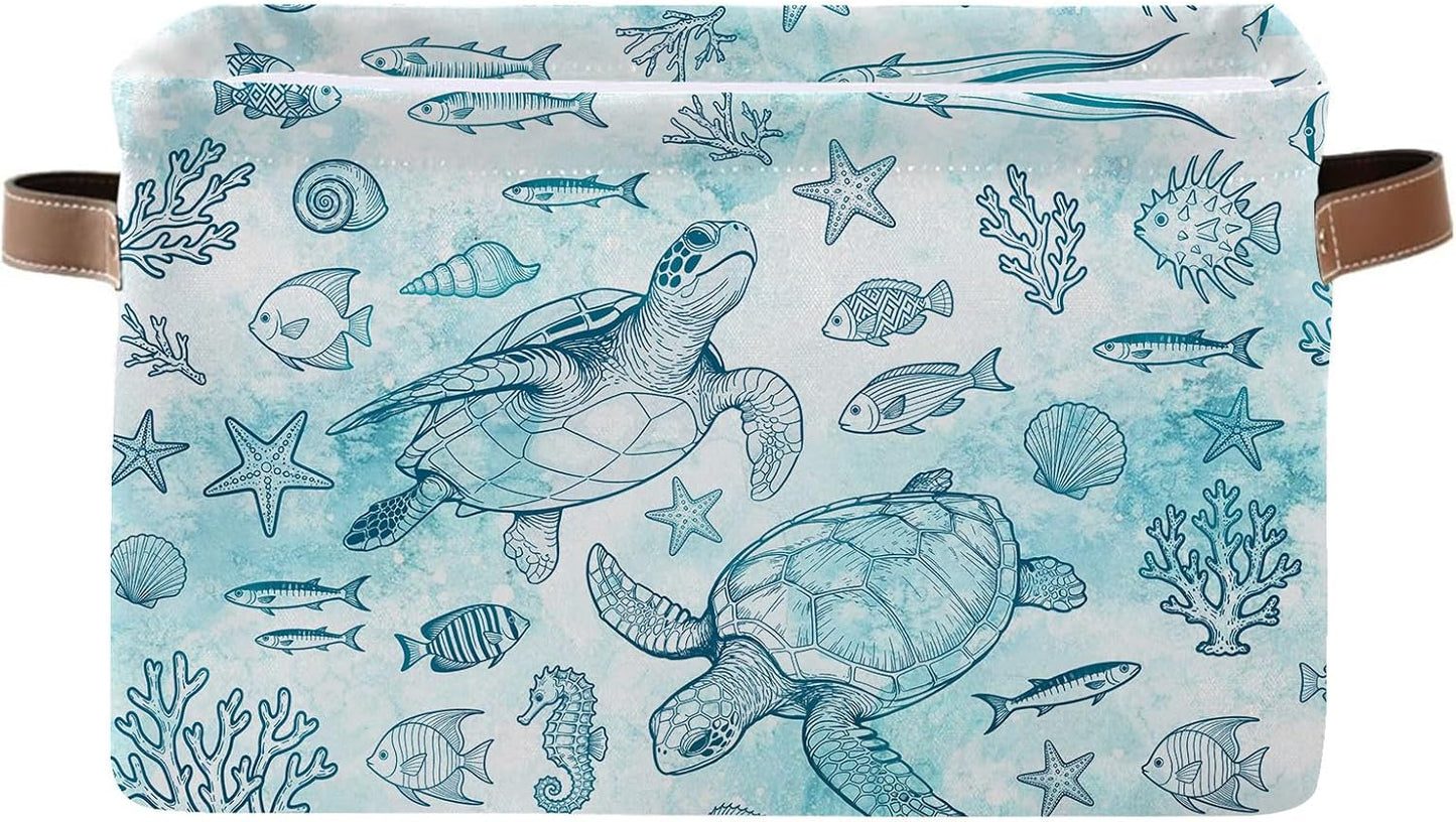 Rectangle Ocean Sea Turtle Storage Basket, Storage Box Bin with Handles for Toy, Collapsible Laundry Hamper, Laundry Organizer for Room Nursery, Gifts for Chritsmas Thanksgiving 14.9x11x9.4
