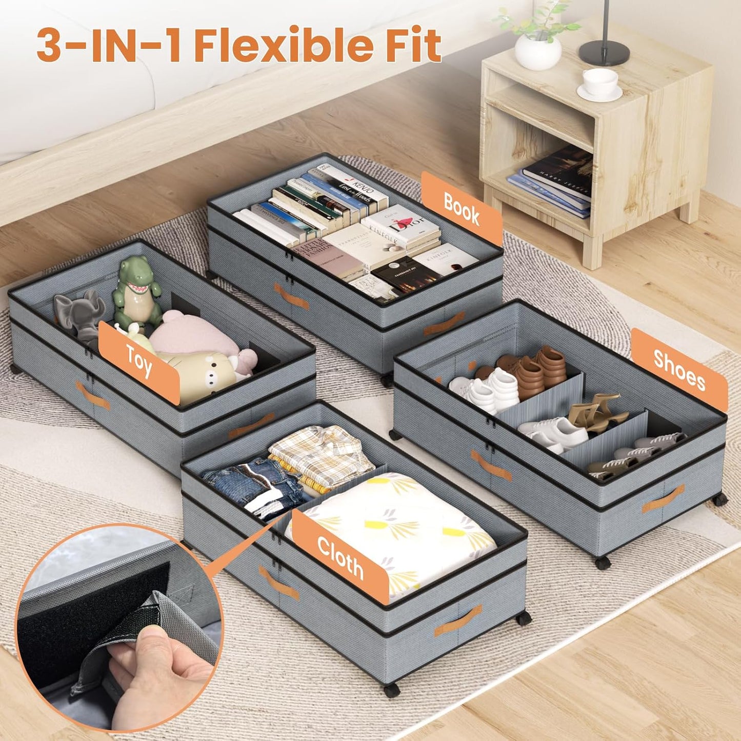 Under Bed Storage with Wheels, 72L XXL Under the Bed Storage Containers Large, 10‘’ Tall Adjustable Storage for Underbed with Lids, Rolling for Shoes, Clothes, Blankets, Grey