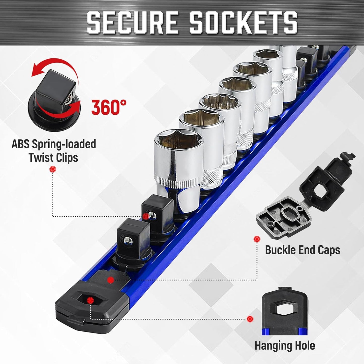 ALOANES 6-Piece Magnetic Rail Organizer, Heavy Duty Aluminum Rails, 360 Swivel Clips Socket Holder Kit for Tool Box, 1/2, 3/8, 1/4-Inch Socket Holder x 80 Clips (Blue)