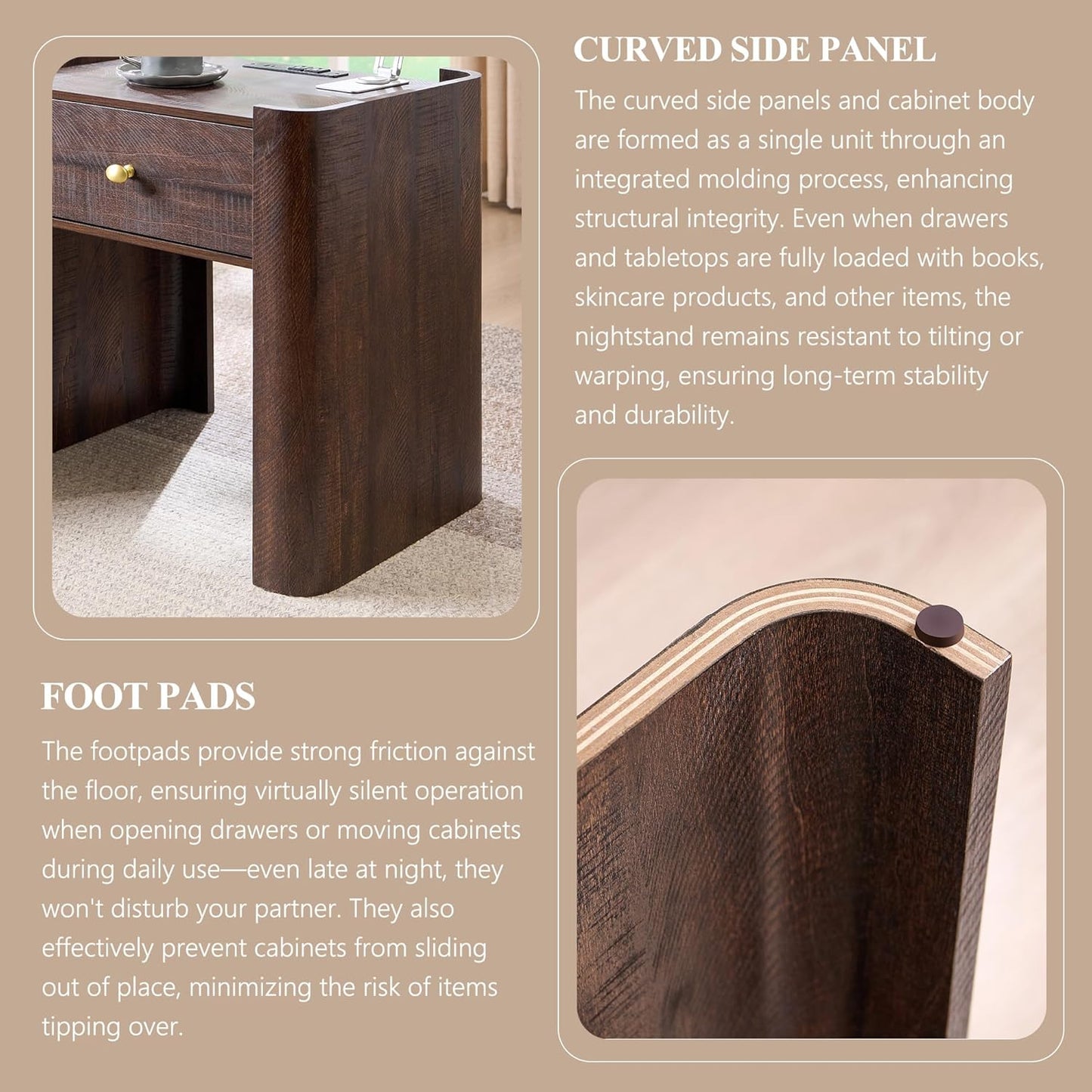 23.6" Tall Modern Nightstand with Charging Station, 22" Wide Curved Bedside Table with 1 Storage Drawer, Wooden Night Stand, Large End Table for Bedroom, Living Room, Brown