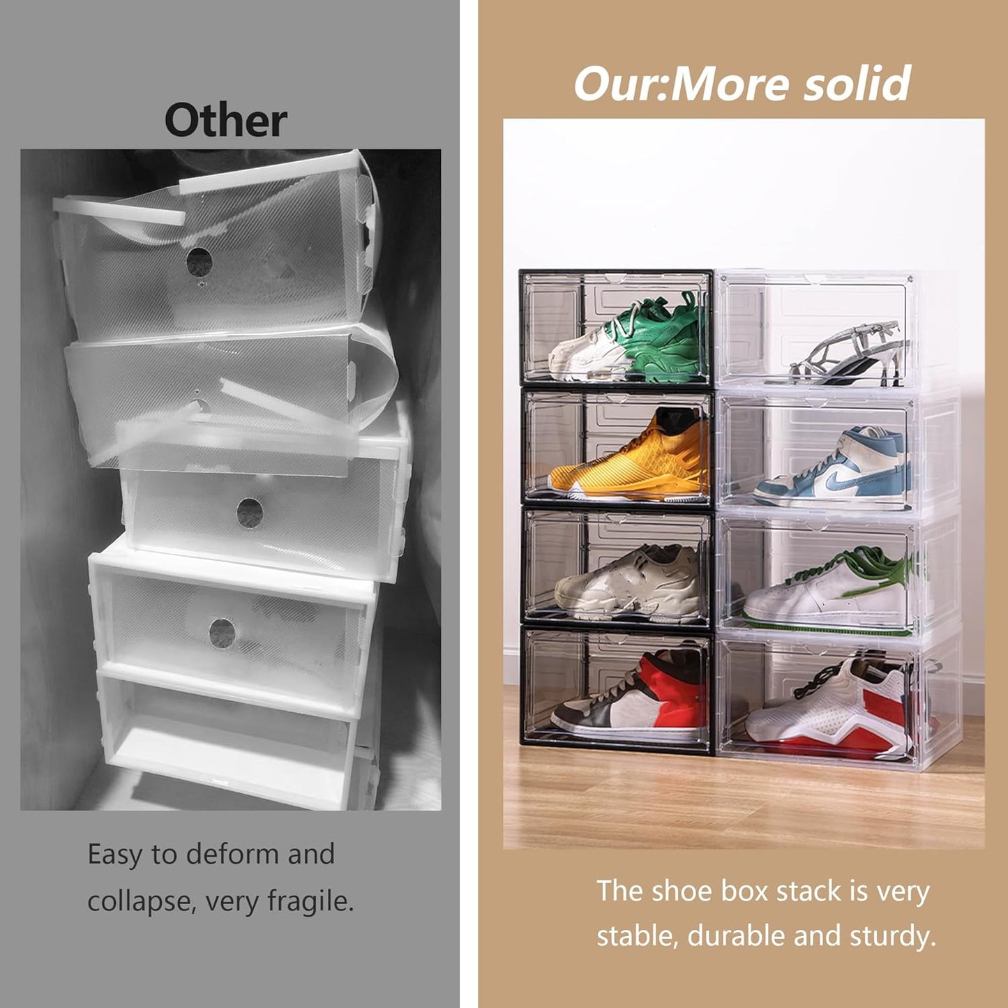 Clear Shoe Box Plastic Stackable Upgraded 6 Pack Shoe Storage Box Organizer with Clear Large Magnetic Door for Display Sneakers Easy Assembly, White