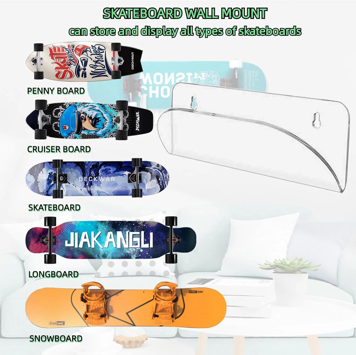 BiJun Skateboard Wall Mount Display Rack Skateboard Hanger Wall Mount Deck Clear Display and Storage Longboard Deck Horizontal Display Stand