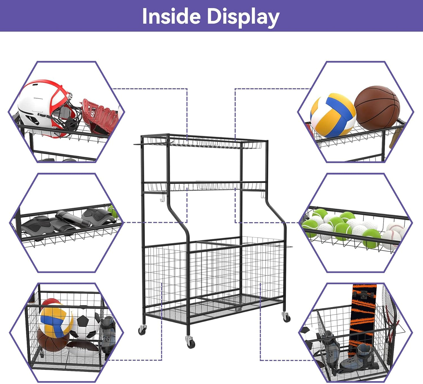 WALMANN Garage Ball and Sports Equipment Organizer, Ball Storage Rack Indoor/Outdoor Kids Ball/Toy Storage Organizer Bins, Rolling Ball Cart with Baskets