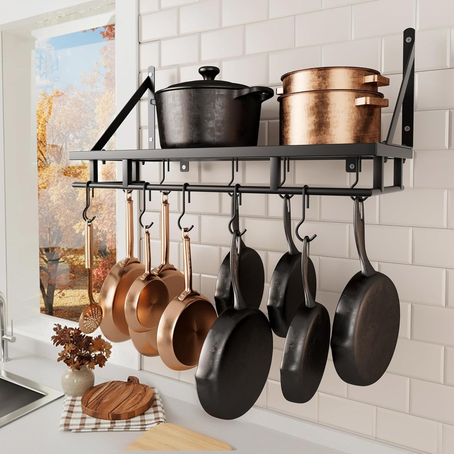 KES 24 Inch Kitchen Pot Pan Rack Wall Mounted Hanging Storage Organizer Wall Shelf With Hooks Matte Black, KUR215S60-BK