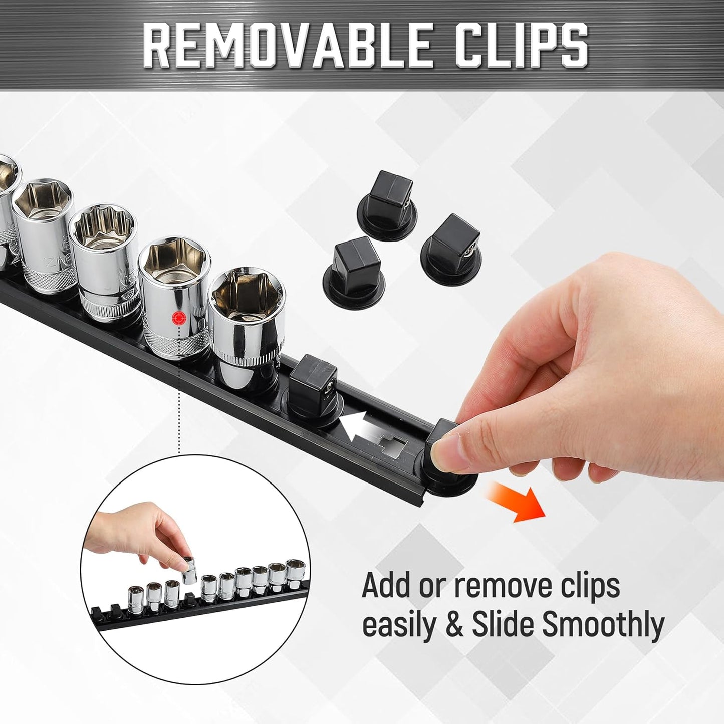 ALOANES 3-Piece Magnetic Socket Organizer, Heavy Duty Aluminum Socket Rails Organizer, 360° Swivel Clips Socket Holder Kit for Tool Box, 1/2-Inch Socket Holder x 36 Clips (Black)