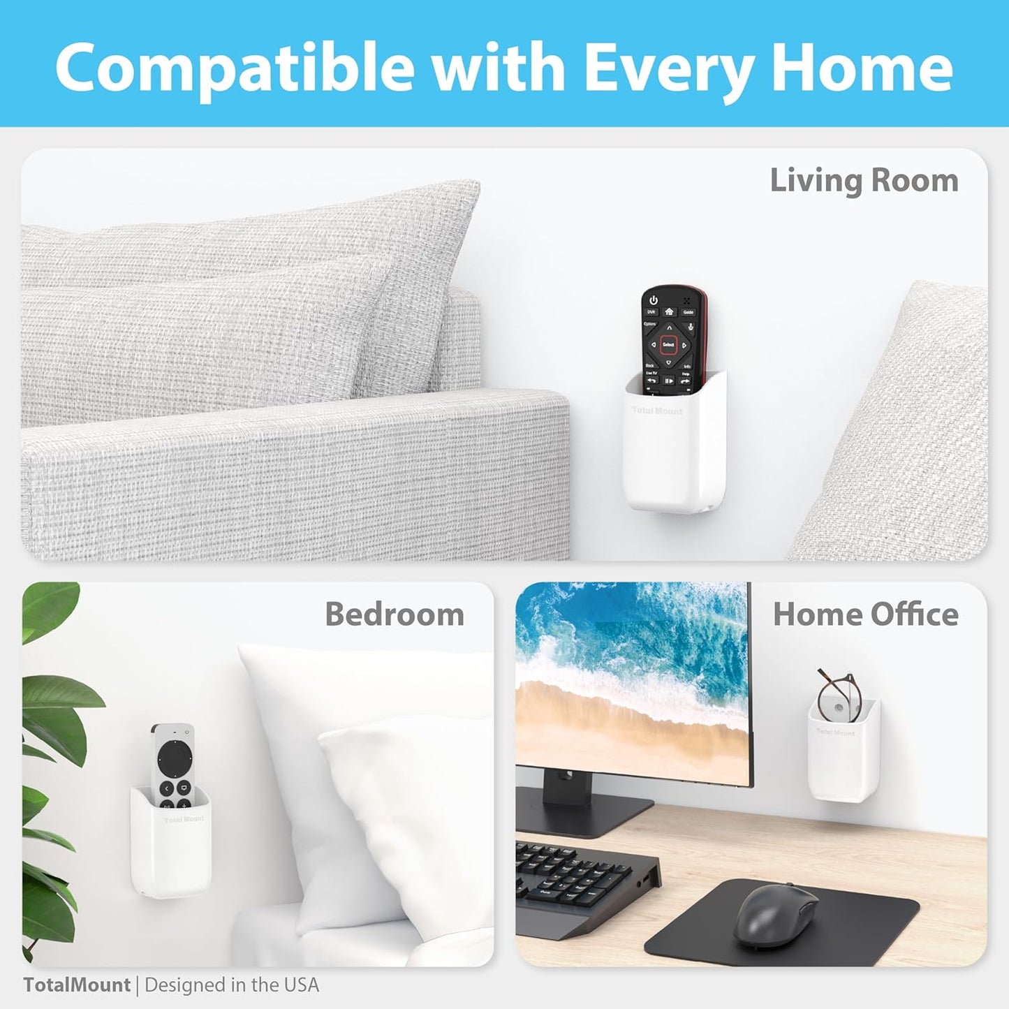 TotalMount Hole-Free Remote Holder – Eliminates Need to Drill Holes in Your Wall (White Remote Control Holder, Quantity 1)