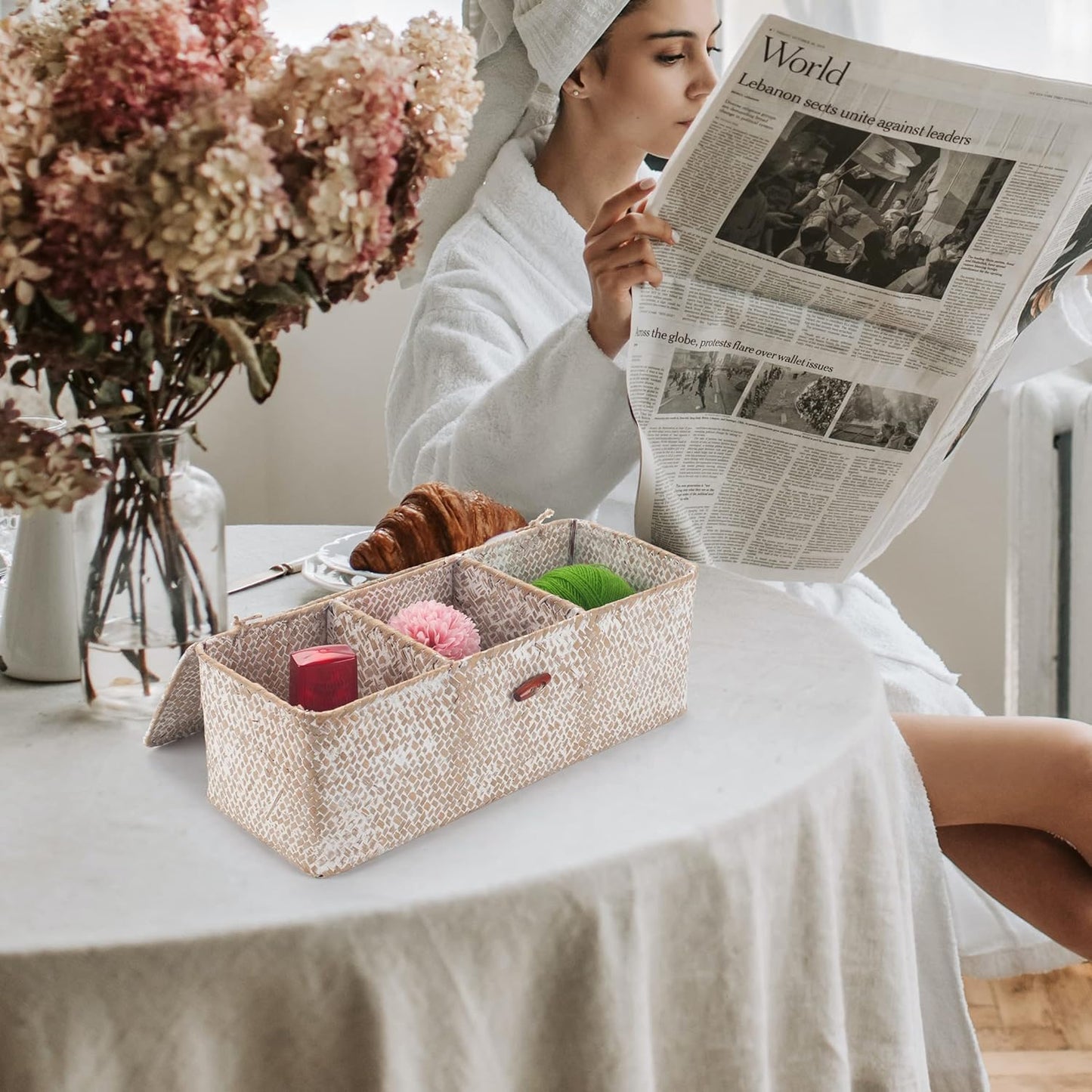Seagrass Storage Basket with Lid Rectangular Small Woven Shelf Baskets with Sections for Organize Snack Toys Whitewash