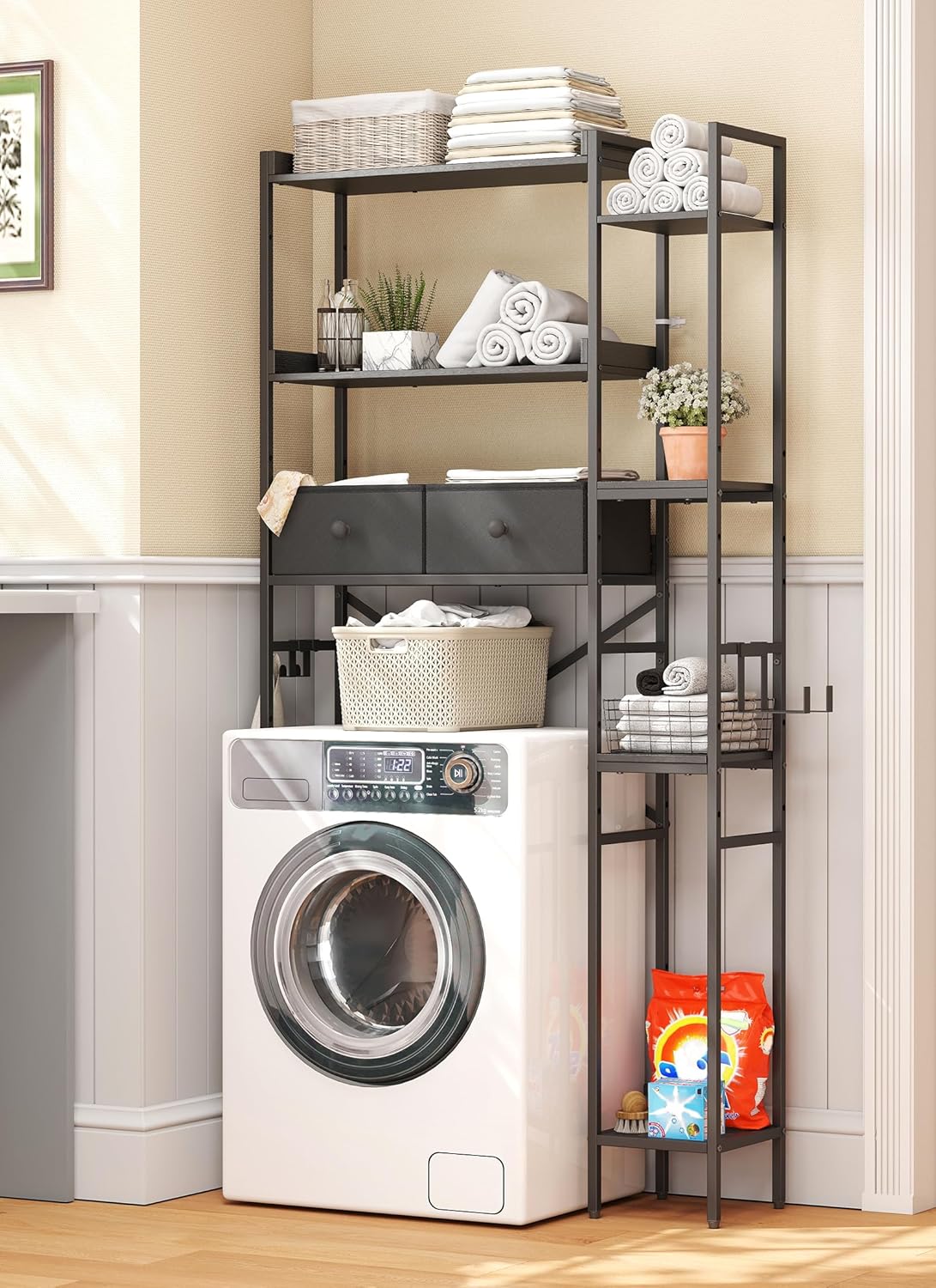 Over The Toilet Storage Rack, 7-Tier Over Toilet Bathroom Organizer with Adjustable Shelf, Above Toilet Storage Cabinet with Hooks, Space-Saving, Black Shelf