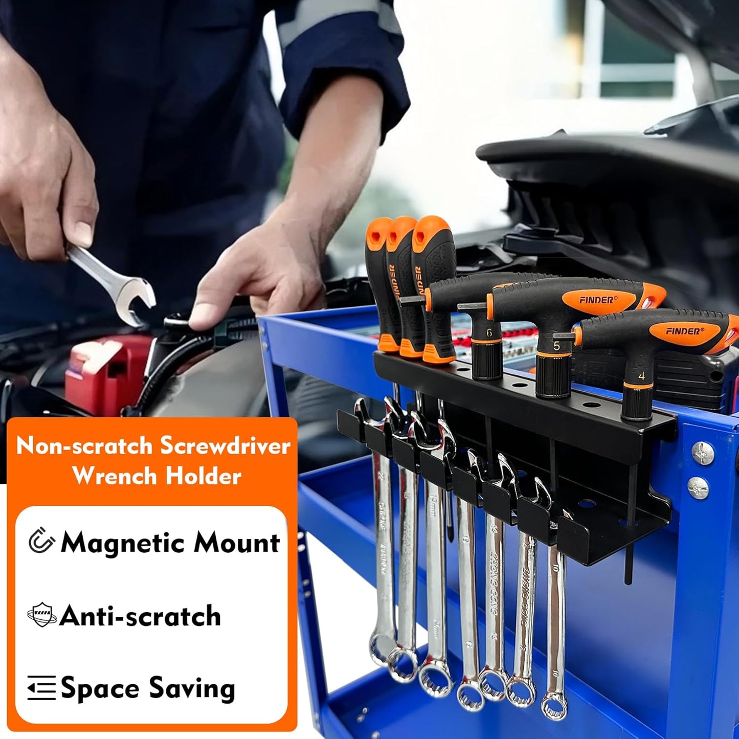 MUTUACTOR Magnetic Wrench Holder Heavy Duty,Anti-scratch Magnetic Mount Screwdriver Rack, 2 Layers Wrench Screwdriver Holder for Work Bench Toolbox Tool Cart,1PCS,Black,9 Holes and 7 Slots