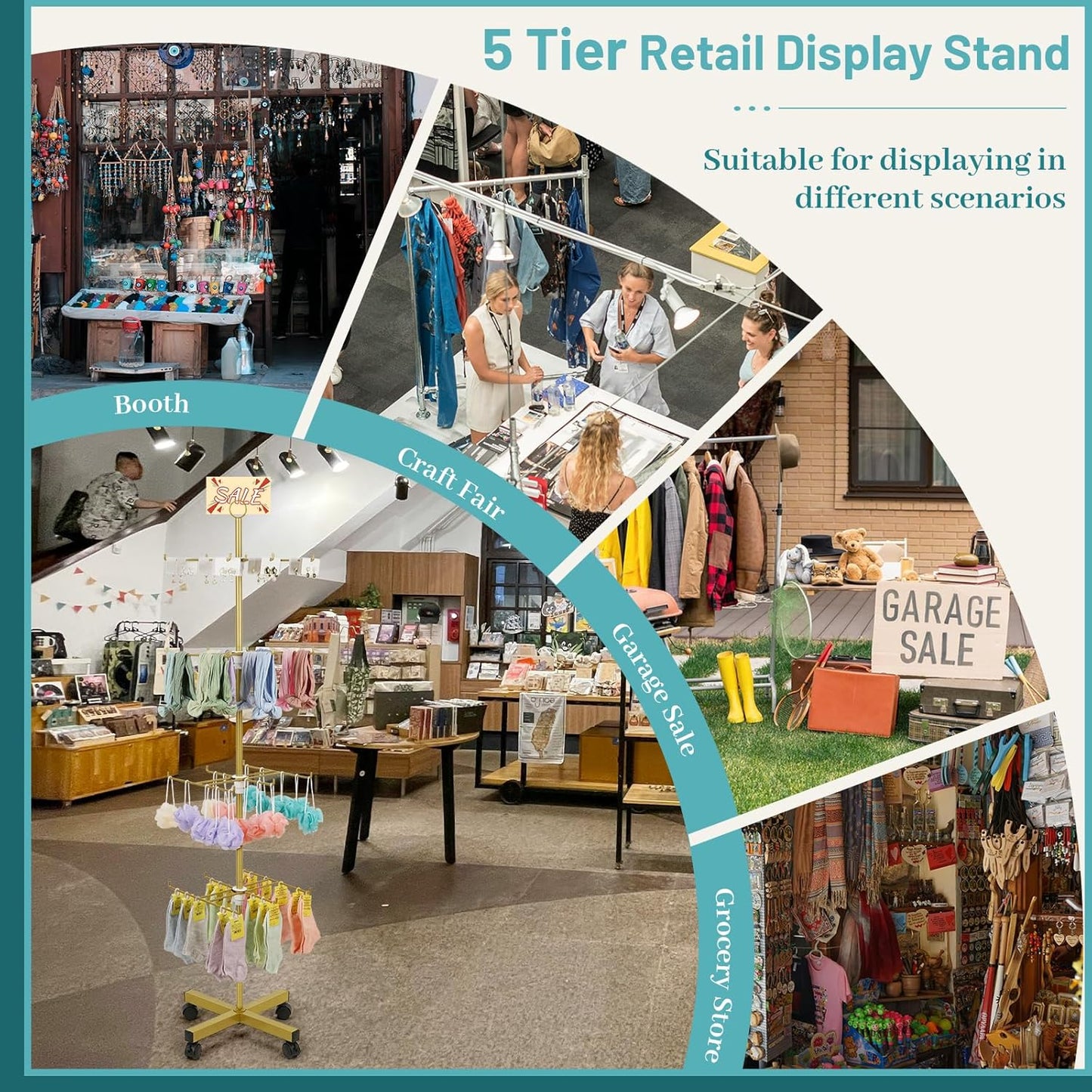 Retail Display Stand Rotating Display Stand 4 Tier Spinning Display Stand for Craft Shows, Jewelry, Keychain, Earring Adjustable Height Retail Display Racks (Gold)