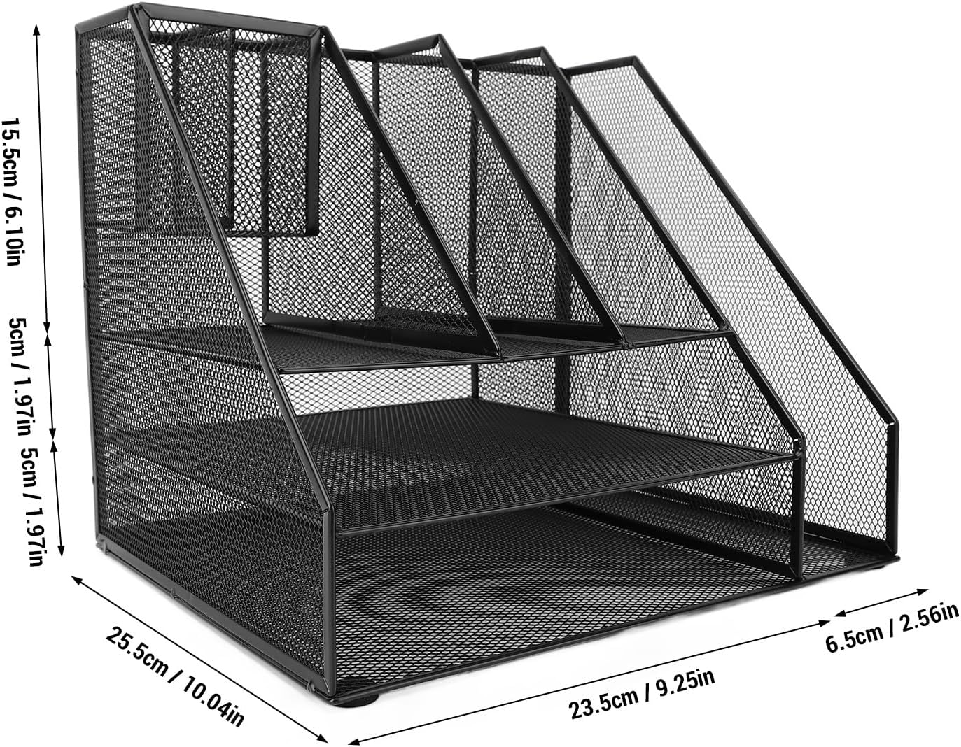 Hyuduo Office Desk Organizer, Black Iron Mesh 3 Tier Paper Letter Tray with 2 Pen Holders and File Rack Metal Structure for Office and Home Desk Organization