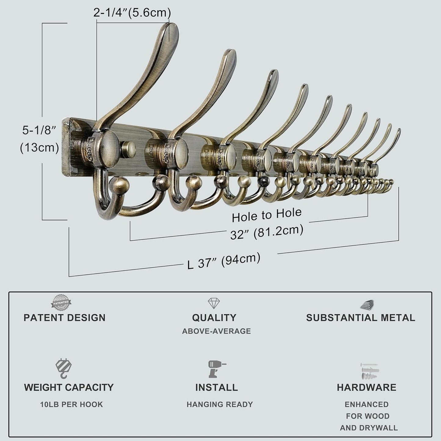 Dseap MaxStrong 2.0 Coat Rack Wall - 37” Long 10 Tri Hooks - Ultra Heavy-Duty Stainless Steel Wall Mount Coat Hanger, Hook Rail for Clothes Hats Jacket Towels Bronze