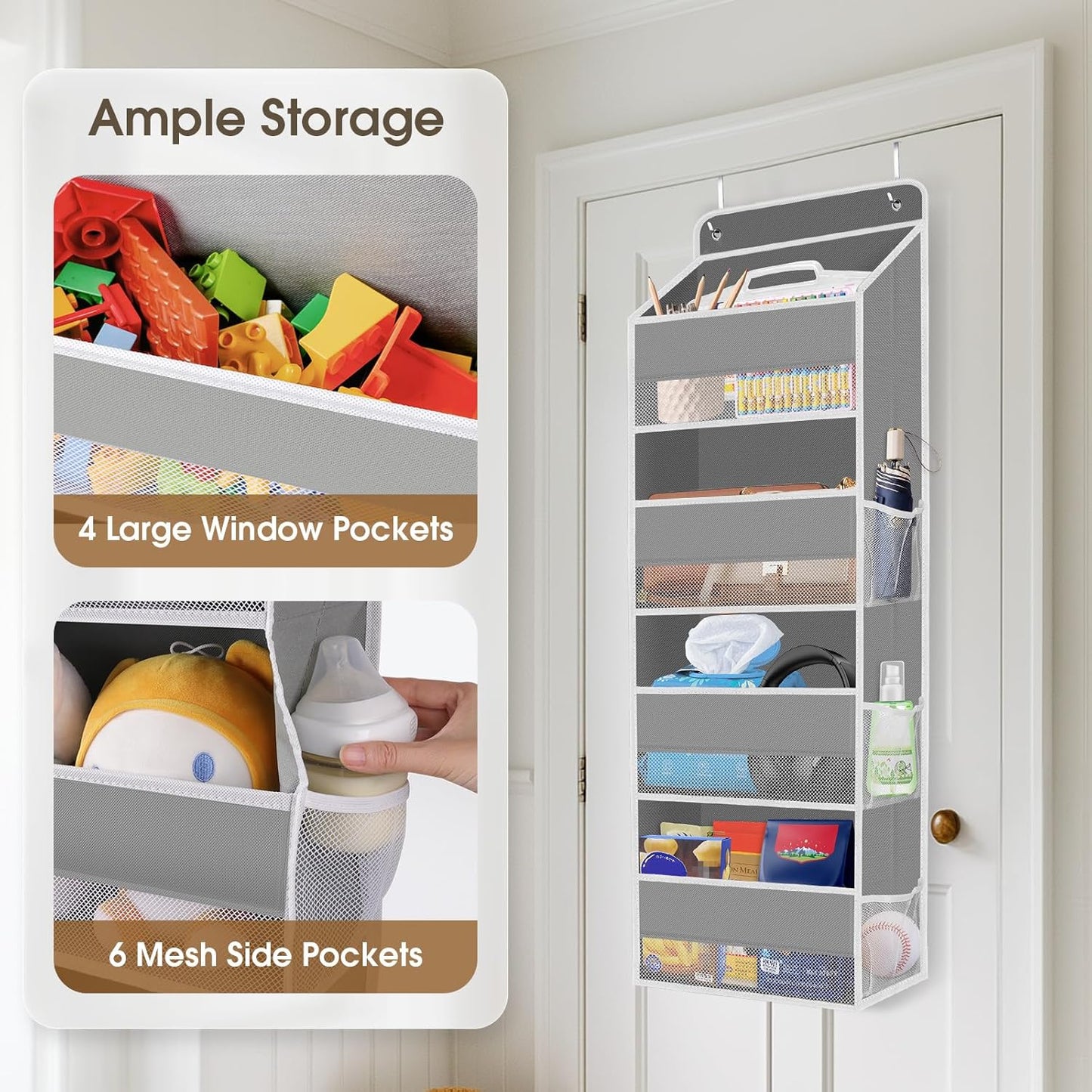 2 Pack Over The Door Organizer, Hanging Storage Organizer with Clear Window, 40lb Ultra Sturdy Large Capacity Room Organizer for Pantry Laundry Bathroom Nursery Closet (Grey)