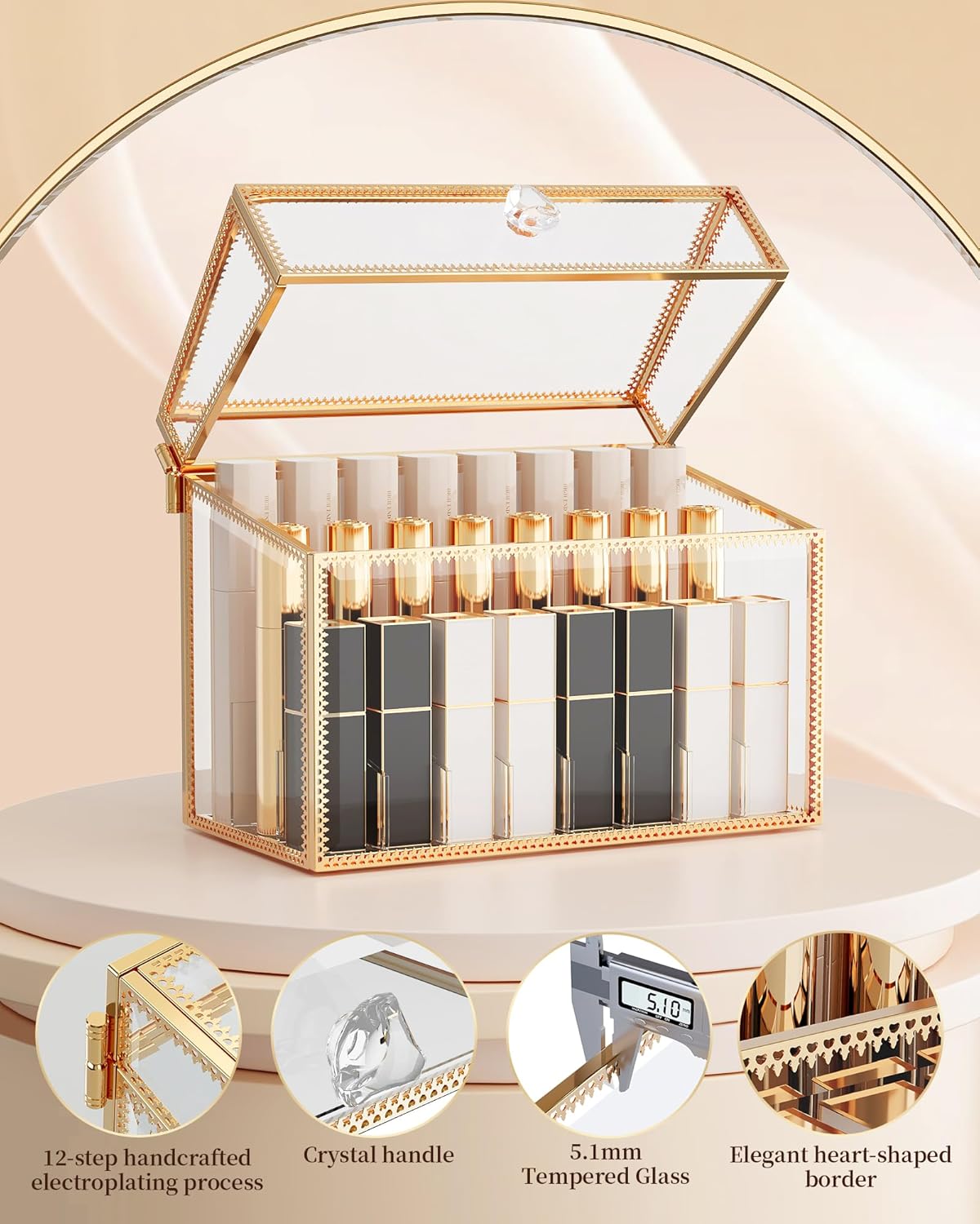 Lipstick Organizer Holder - 24 Spaces, Tempered Glass Lip Gloss and Perfume Organizer,Vanity Lipstick Holder and Organizer.