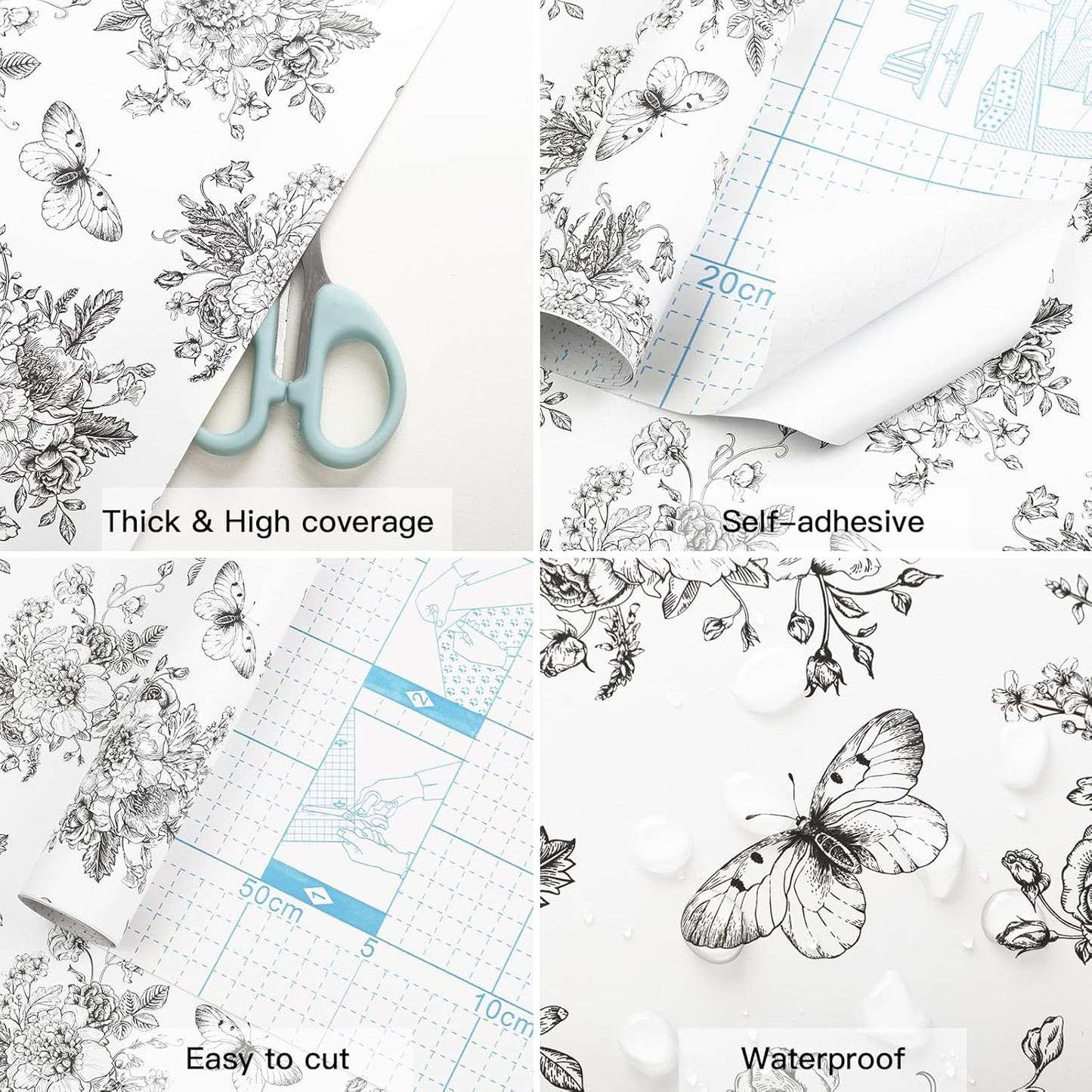 17.7In X 394In Shelf Liner Self Adhesive Drawer Liner for Kitchen Bedroom Cabinets Dresser Floral and Butterfly Waterproof Vinyl Rolls