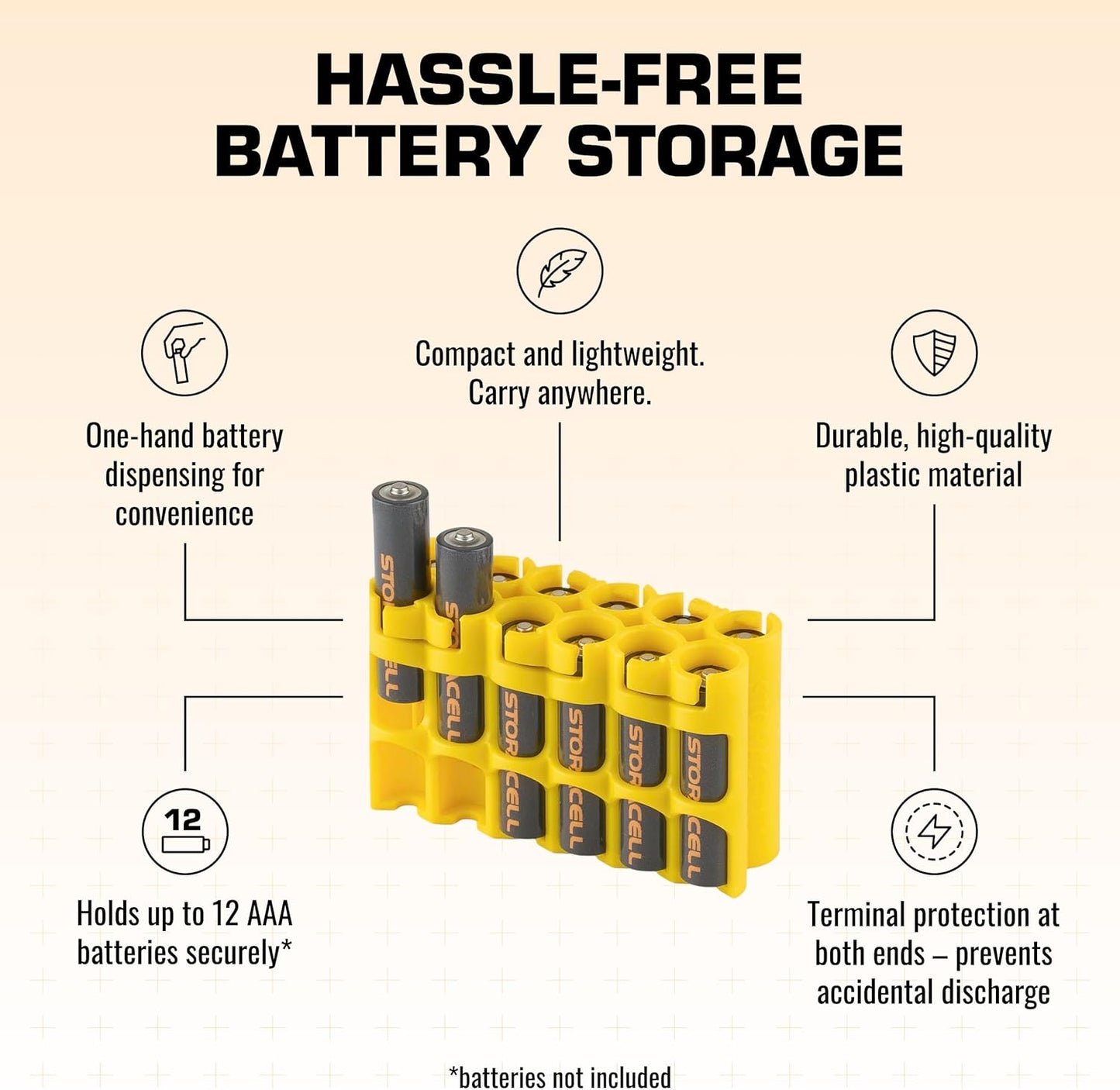 AAA Battery Storage Caddy by Storacell, Yellow, Holds 12 Batteries (Not included)