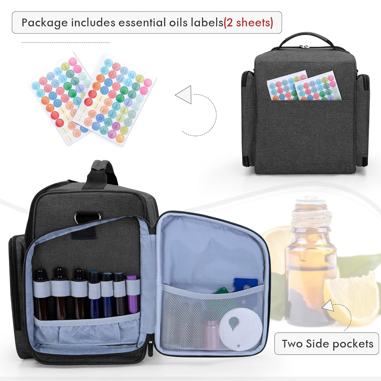 BAFASO Essential Oil Storage with 2 Sheet Labels, Essential Oil Case Holds 72 Bottles (15ml - 30ml), Black