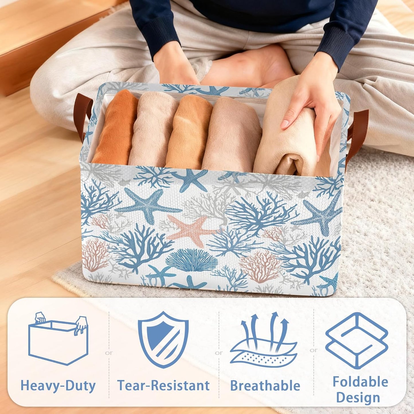 Starfish Coral Storage Basket with Handles,Shell Collapsible Rectangle Organizer Bin for Room Decoration Books Box Baskets 17x11.5x10Inch