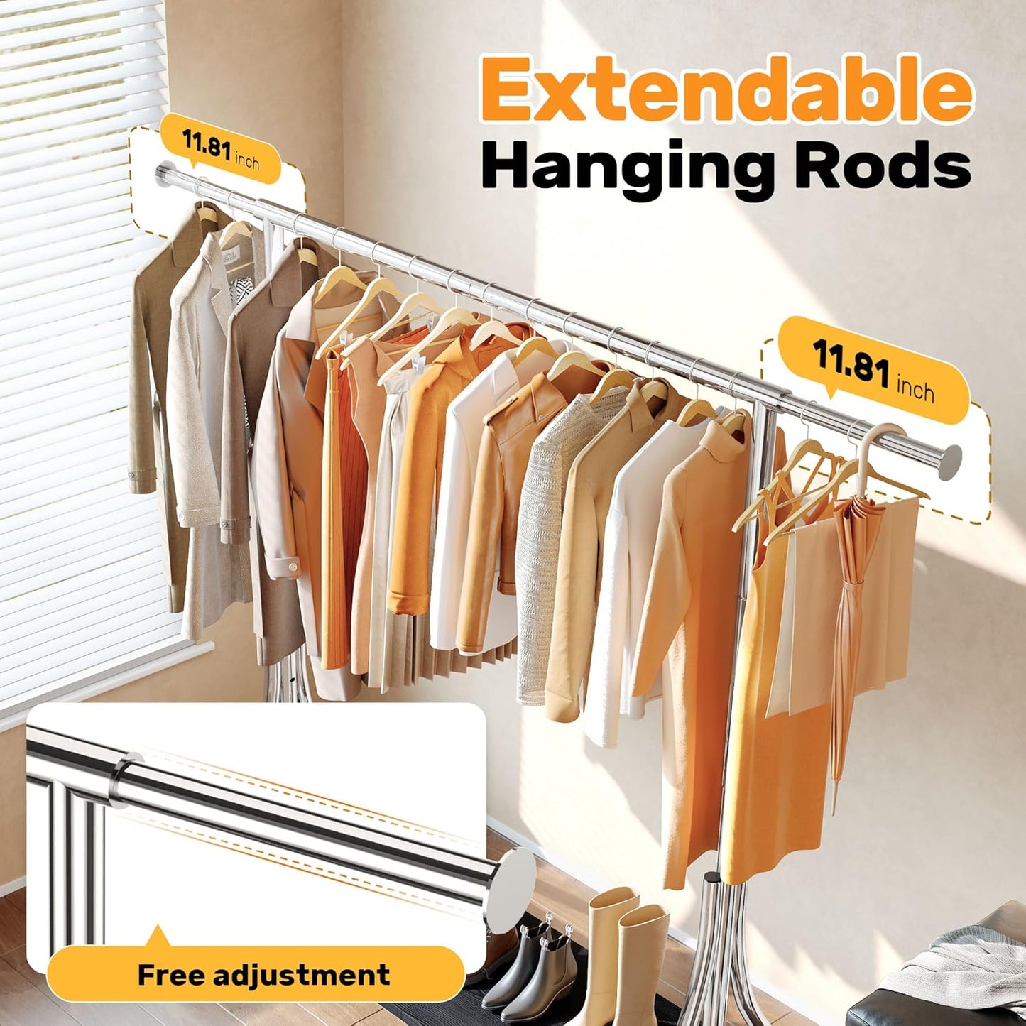 HOKEEPER Clothes Rack with Wood Shelves Height Adjustable Clothing Rack with Lockable Wheels 500LBS Portable Wooden Garment Closet for Bedroom, Living Room, Laundry, Balcony, Silver