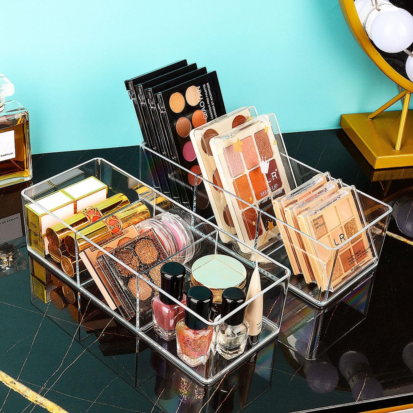 JessLab Acrylic Organizers, Bathroom Organizer for Drawer, 4-Pack Cosmetic Display Cases for Vanity, Countertop, Desk, Kitchen, and Makeup Storage, 3 Compartment