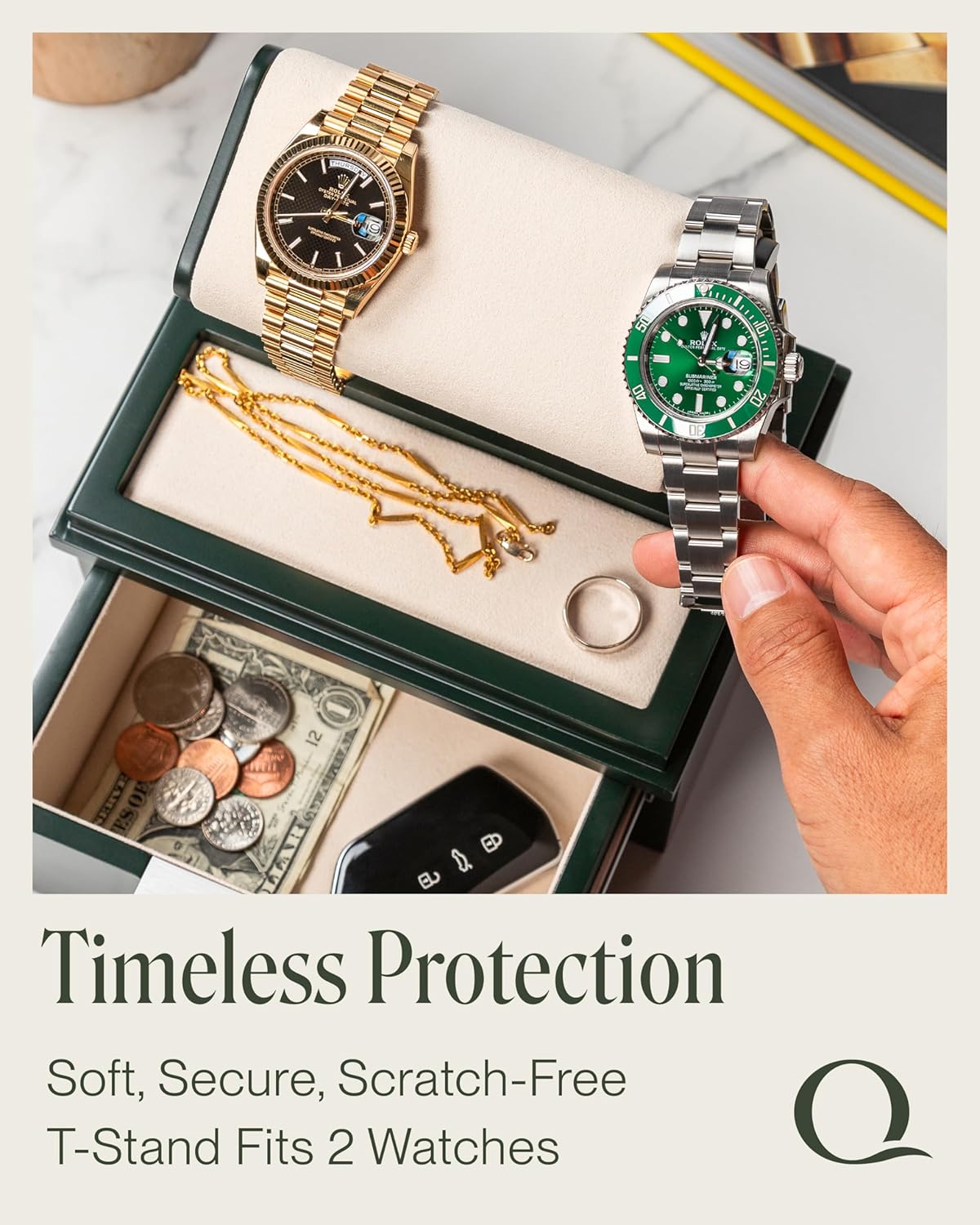 QWATCH Watch Stand Display Case - Acrylic Watch Box for 2 or 4 Watches with Jewelry Valet Tray and Drawer