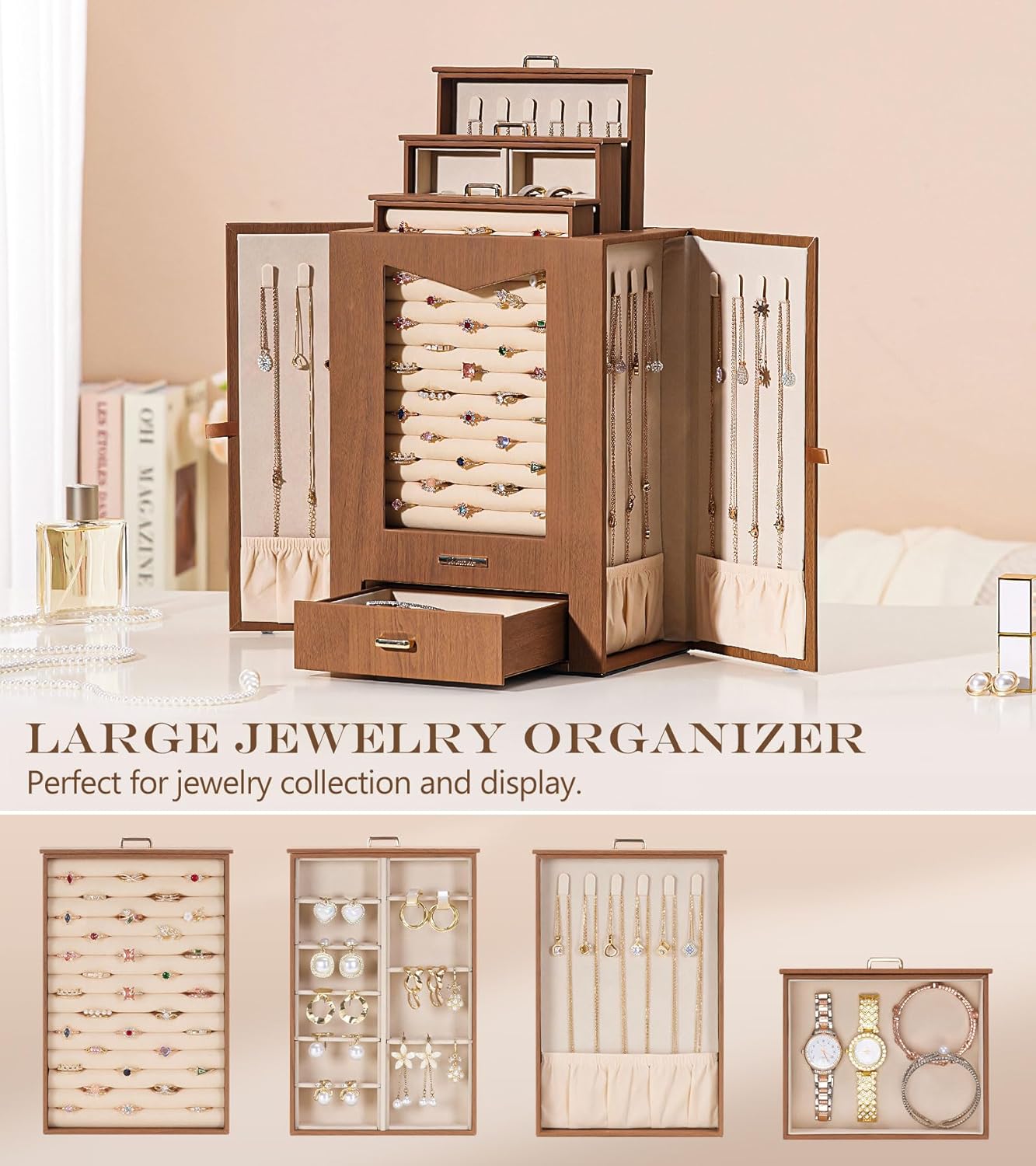 Homde Jewelry Organizer with Transparent Window Necklace Hooks Gift for Women Jewelry Box Display Case for Necklaces Rings Earrings Bracelets and Other Accessories (Brown)