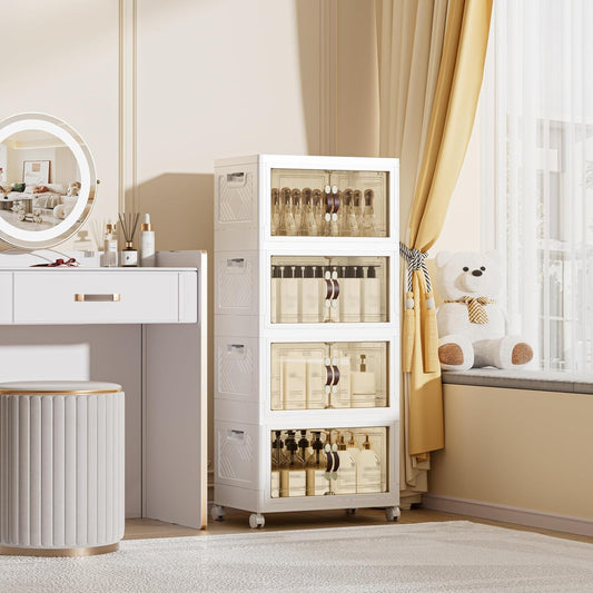 144 QT / 36 Gal Magnetic Double Door Cabinet with Wheels - Foldable Stackable Design, Leather Handles, Water Resistant Organizer for Bathroom, Kitchen