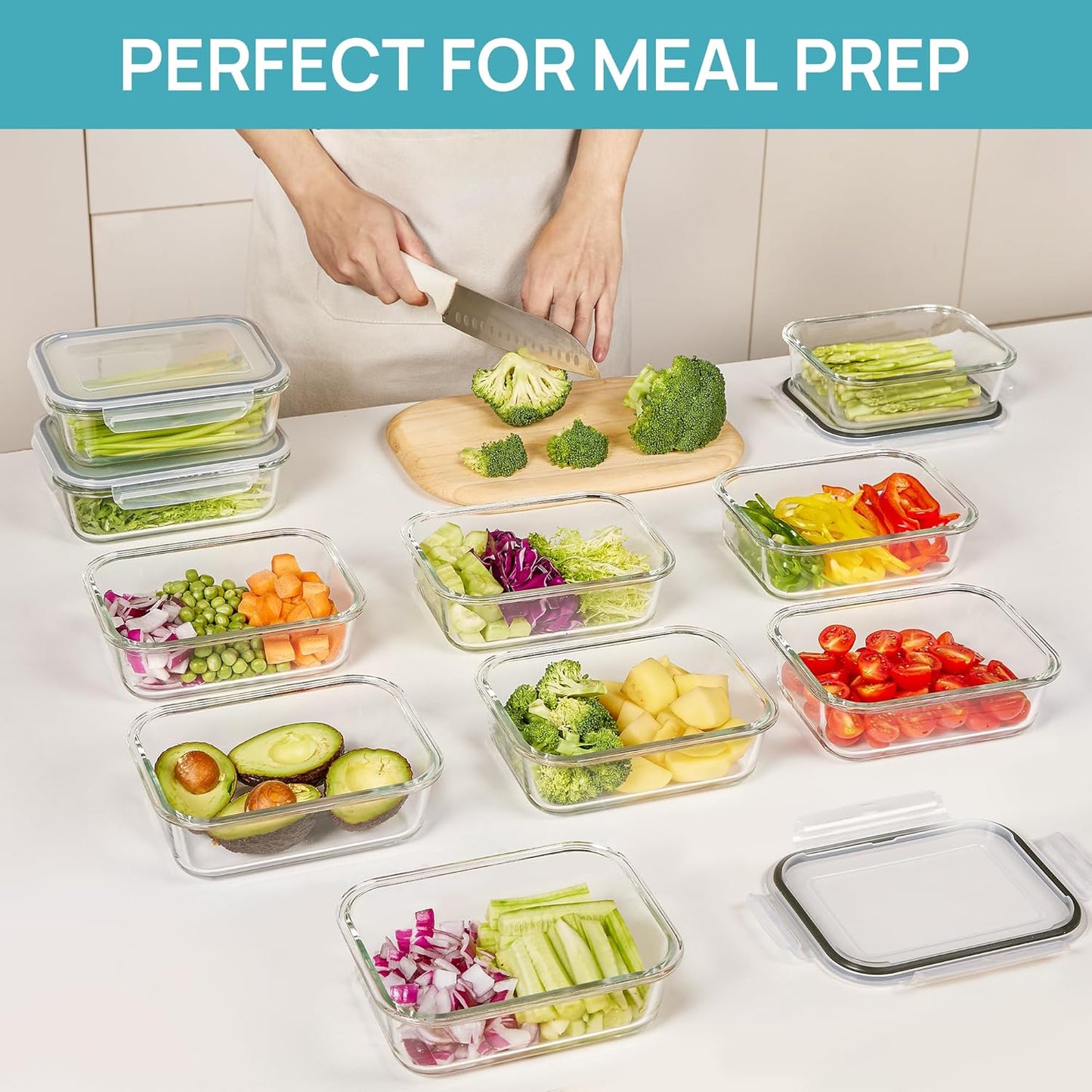 Vtopmart 10 Pack 35oz Glass Food Storage Containers with Lids, Meal Prep Containers, Airtight Reusable Lunch Container Set, Safe for Oven, Microwave, Freezer, and Dishwasher, Grey