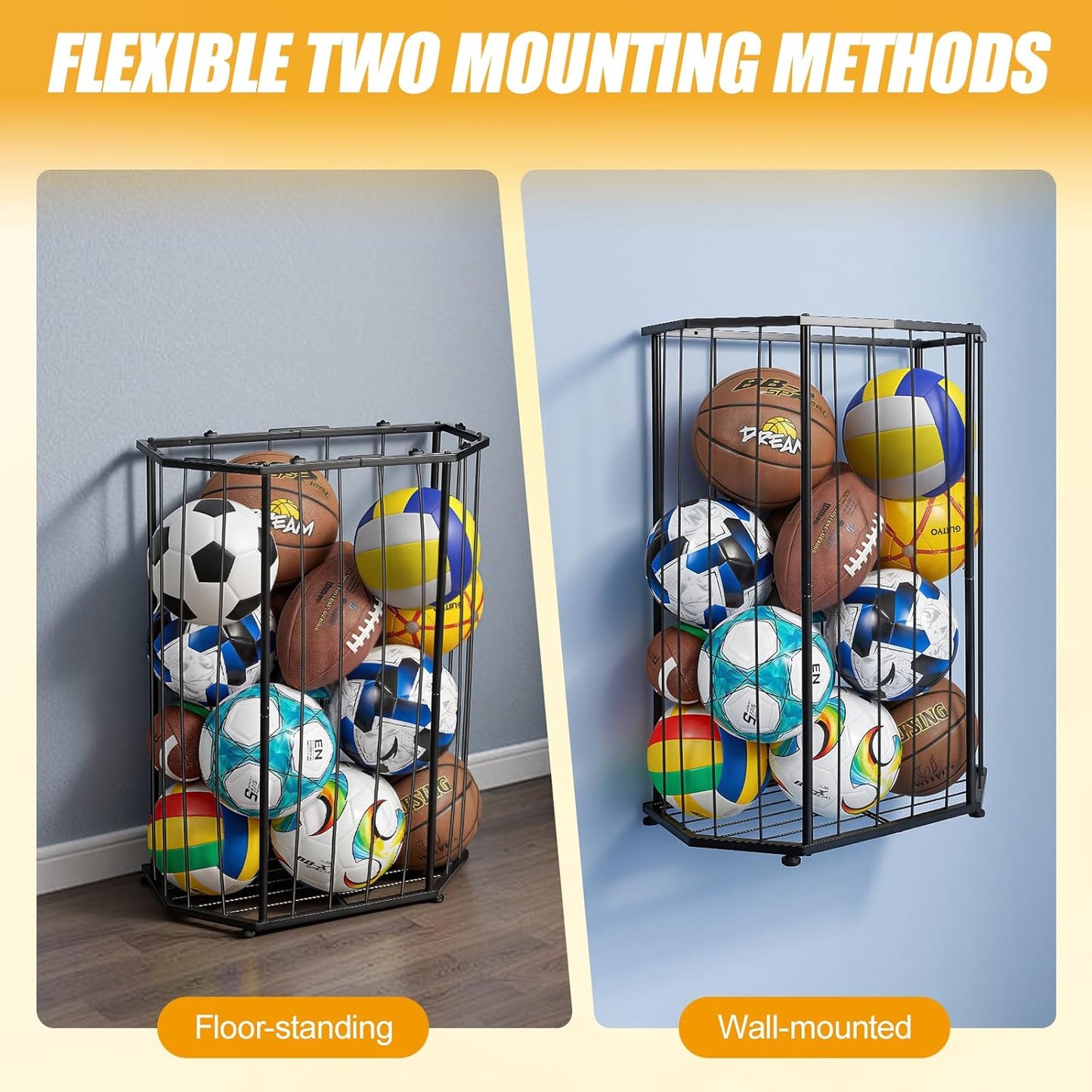 Garage Ball Storage Holder,Elastic Cord Design Can Floor-Standing & Wall-Mounted Use,Used for Basketball,Footbal,Volleyball,Rugby,Home or Outdoors Sports Equipment Storage Ball Rack。(Black)